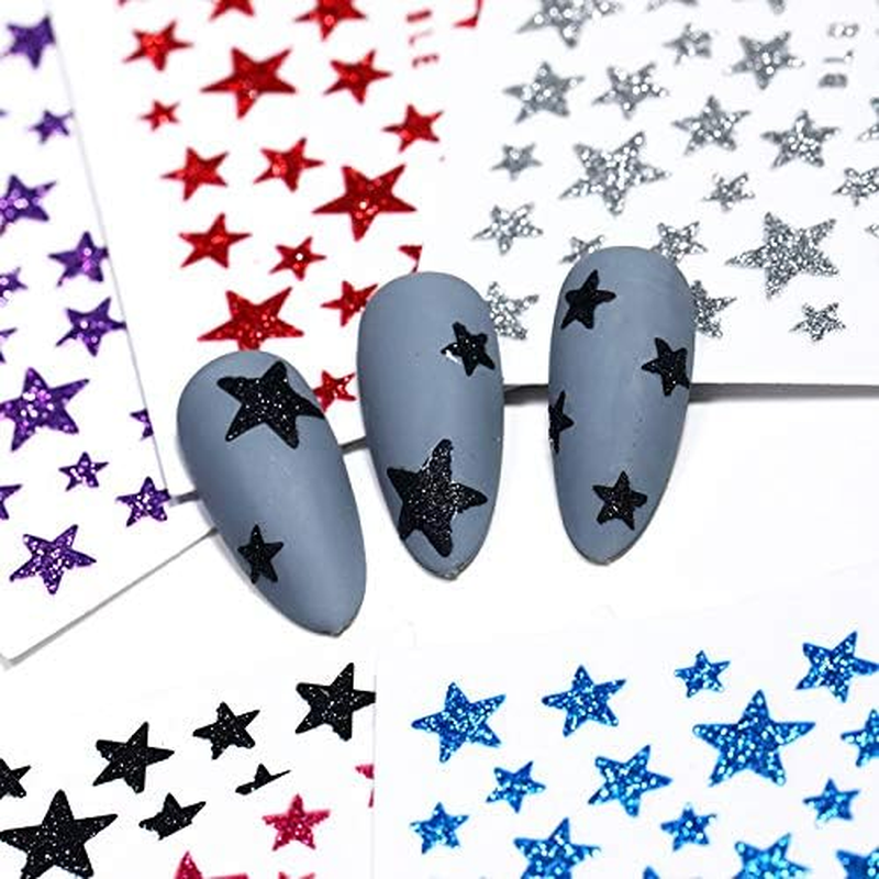 Kalolary 10Pcs Star Nail Art Sticker Decals, 3D Self-Adhesive Glitter Star Nail Sticker Nail Slider Stars Stickers Glitter Shiny Nail Sticker DIY Colorful Nail Art Tips Manicure Decoration