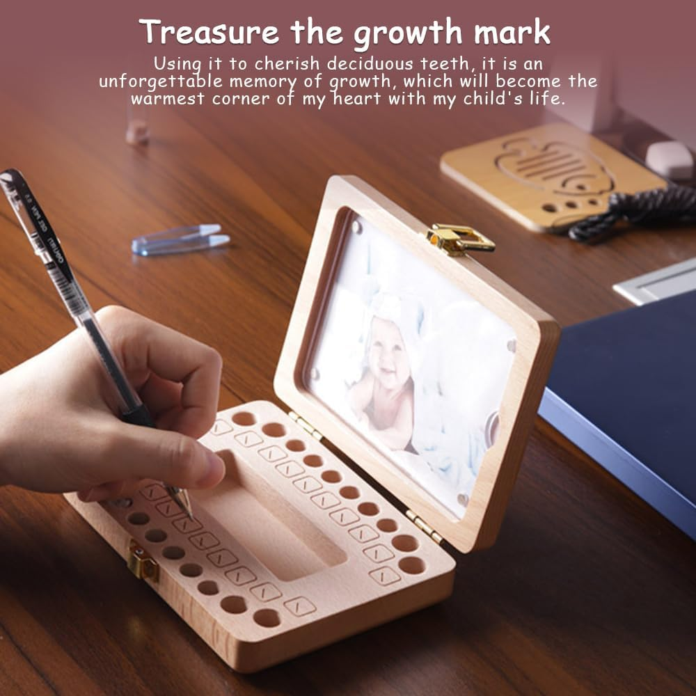 TOMVAES Classic Elegant Functional Baby Tooth Storage Box, 15X12X3.7 CM, Brown, Beech, Tooth Box image number 5