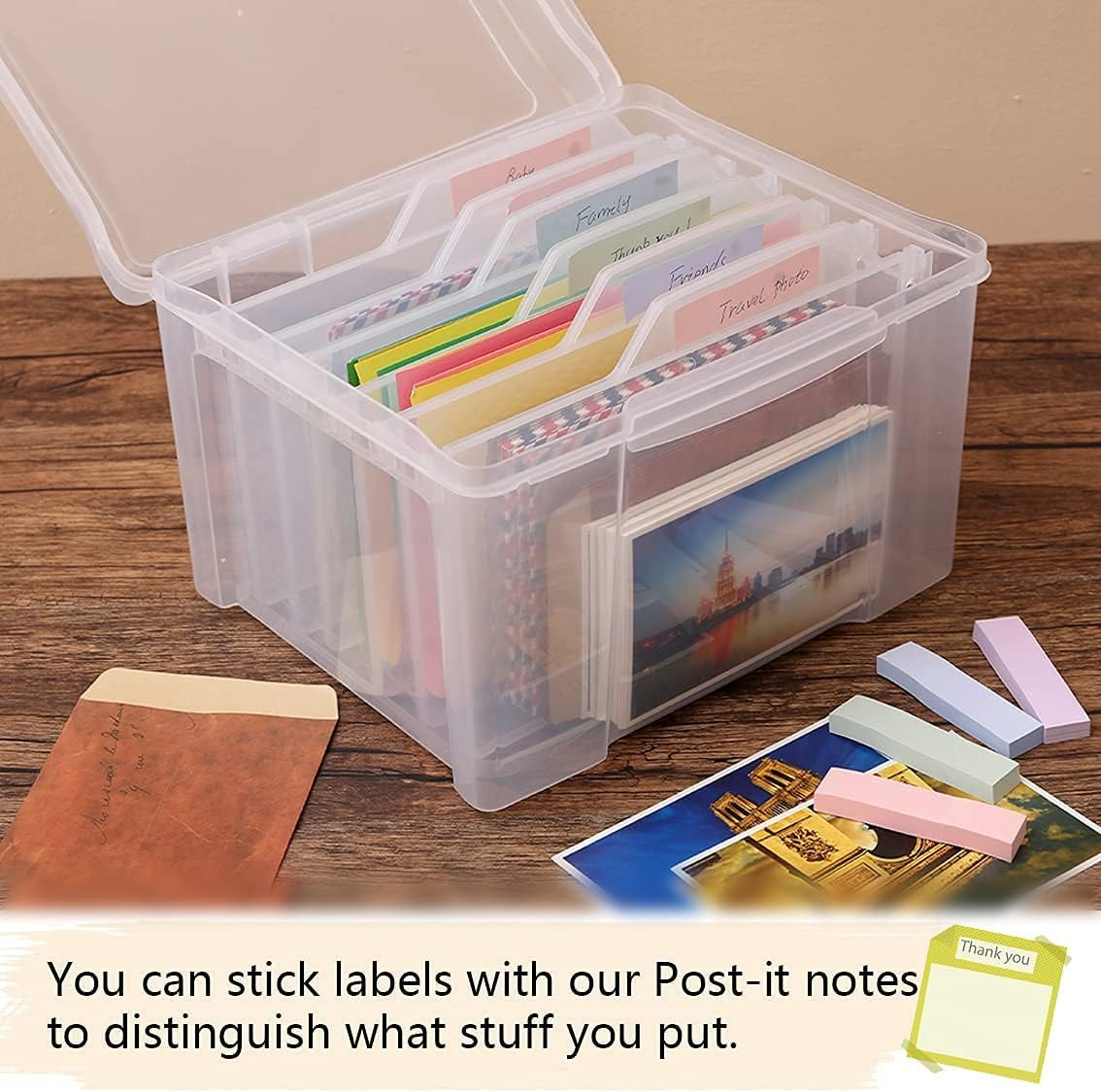 KILONEFE Greeting Card Storage & Organizer Box with 6 Adjustable Dividers for Holiday Birthday Photos, Crafts, Scrapbook, Paper, Stickers, Envelopes and More, Plastic Box of Card (New Version) image number 3