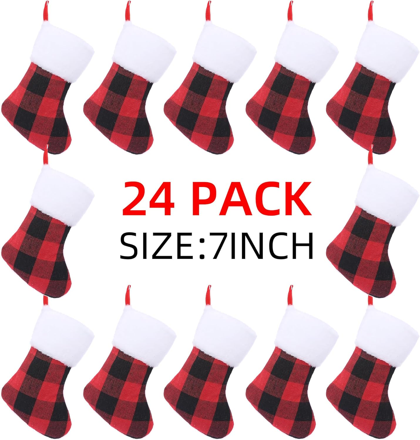 Mini Christmas Stockings 7 Inch 24Pcs, Buffalo Plaid Christmas Stockings, Christmas Hamging Ornaments image number 1