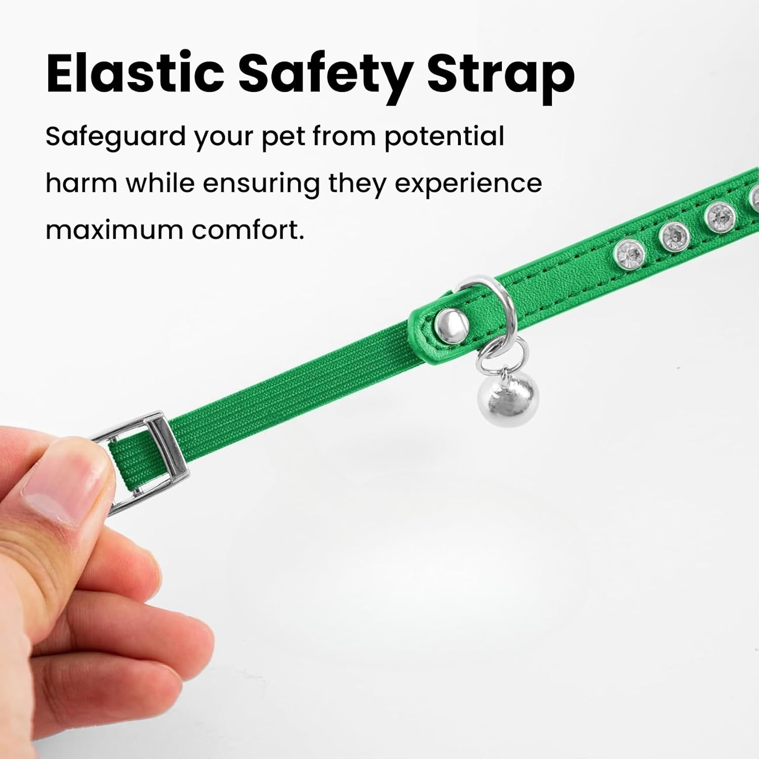 2 Pack Cat Collars with Bells, Rhinestones Leather Cat Collar with Elastic Strap, Kitten Collar, Adjustable Diamond Cat Collar for Girl Boy, 7.5" - 11.5", Black and Green image number 1