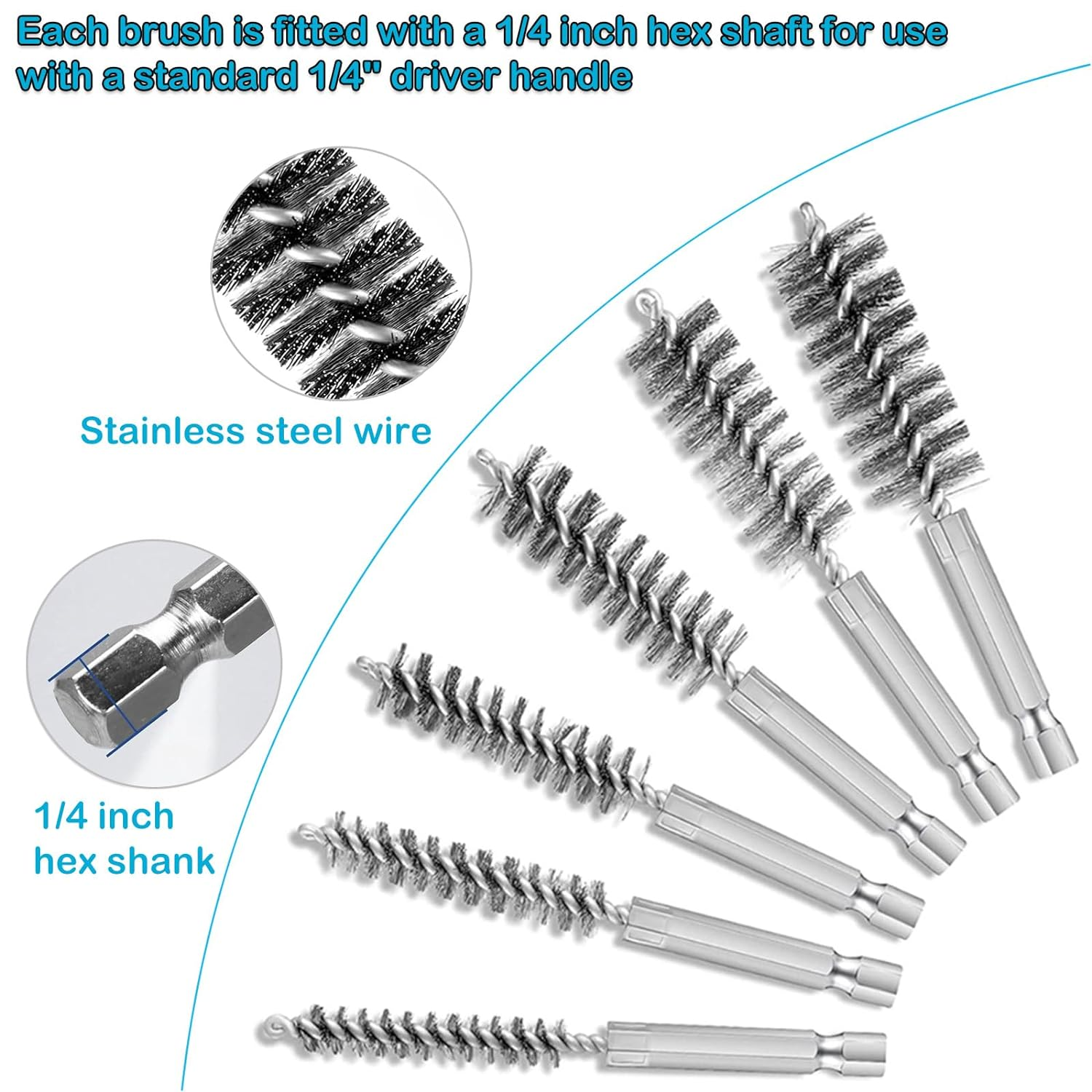 YUENTOEN 12PCS Bore Wire Brush, Stainless Steel Bore Brush Bristles Wire Brush for Rust and Tube Cleaning with 1/4 Inch Hex Shank Handle image number 6