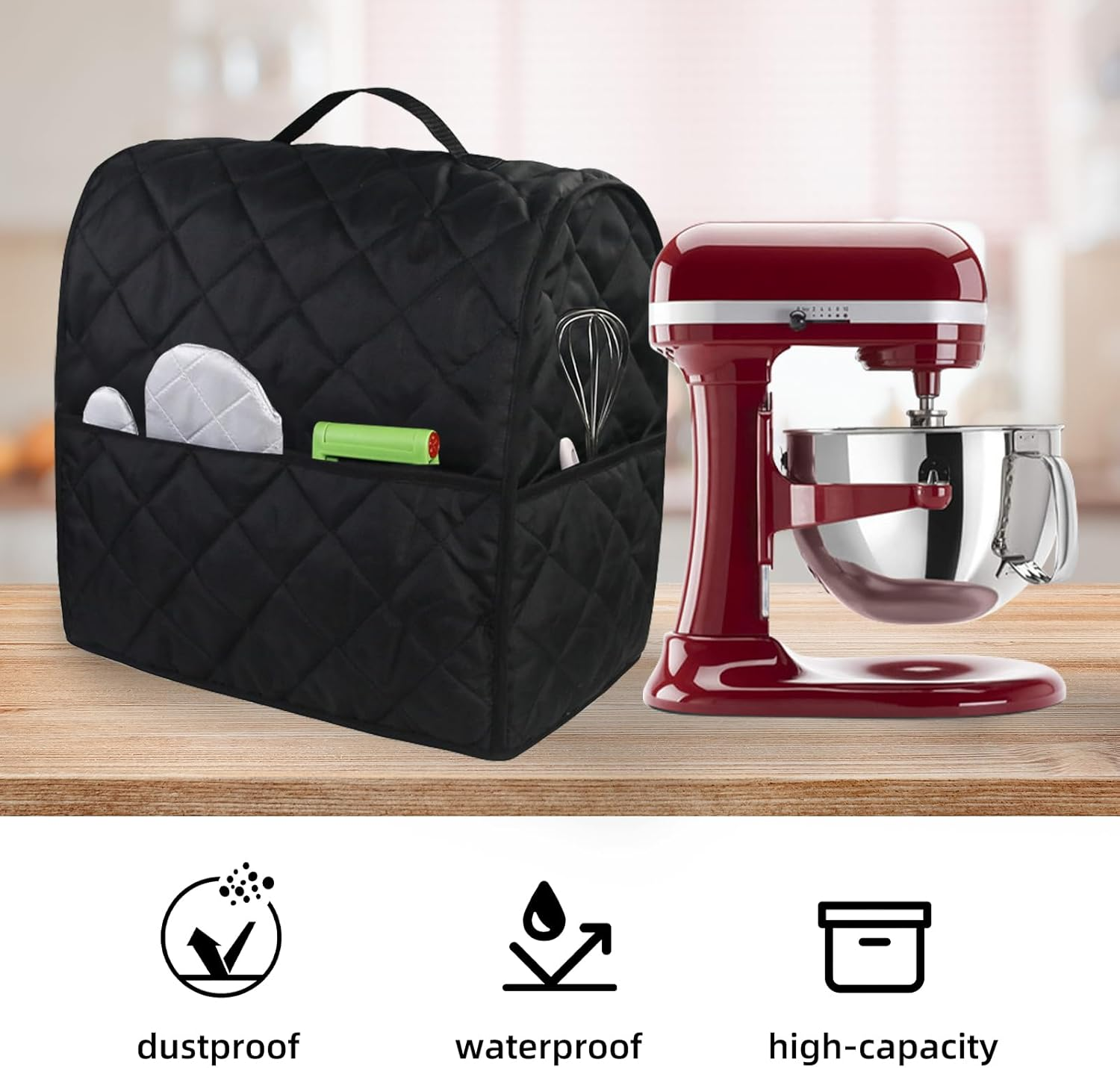 ZYNTM Kitchen Aid Stand Mixer Cover, Dustproof Full Covering 36X24Cm, Waterproof Mixer Bag with Side Pocket, Black Cotton, 24X24X25Cm, FOOD MIXER image number 1