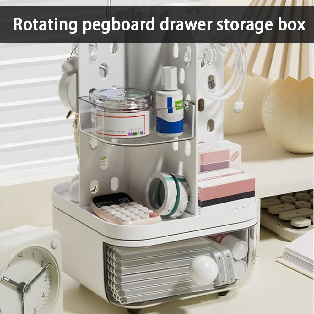 Ranqisys Rotating Desktop Organizer with Drawers &ndash; Large-Capacity Multifunctional Storage Box with Pegboard, Desk Organizer for Stationery, Markers, Brushes, Scissors, Lipsticks & Jewelry image number 1