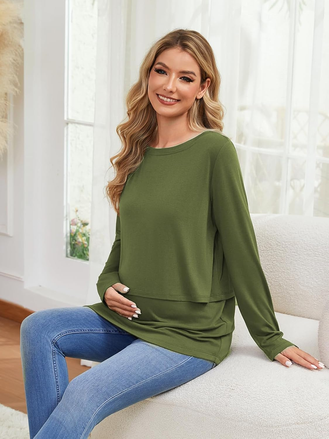 Ecavus Women'S 3Pack Maternity Nursing Shirts Long Sleeve Double Layer Breastfeeding Shirts Comfy Pregnancy Clothes image number 1