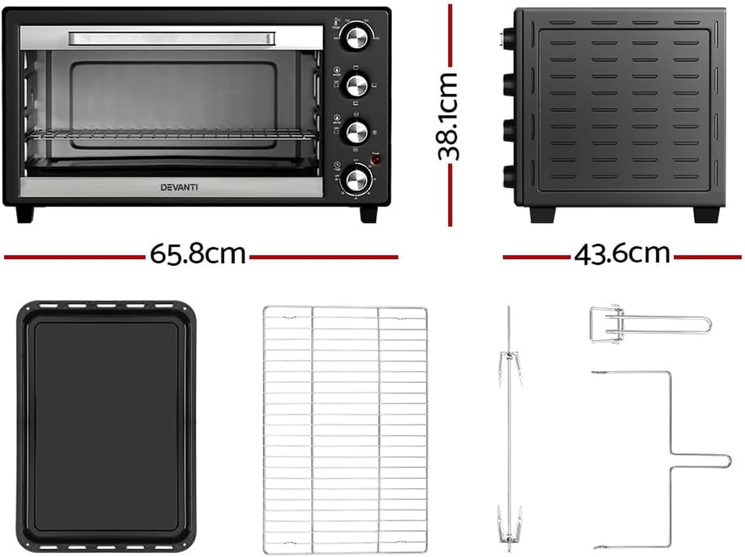 Devanti Convection Oven, 60L Electric Benchtop Ovens Baking Plate Cooking Portable Toaster Grill Home Kitchen Cooker Bakeware Machine, with 4 Tray Built-In Light Stainless Steel Black