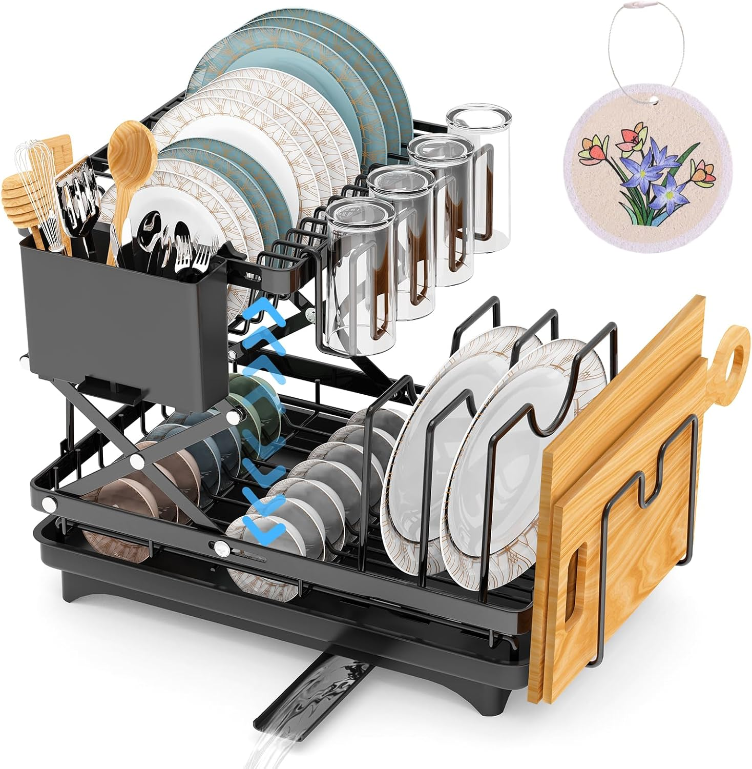 Dish Rack for Kitchen Counter Large 2 Tier Dish Drying Rack with Drainboard Set Folding Dish Drainer with Dishwashing Sponge for Kitchen Storage & Organisation (Black) image number 2