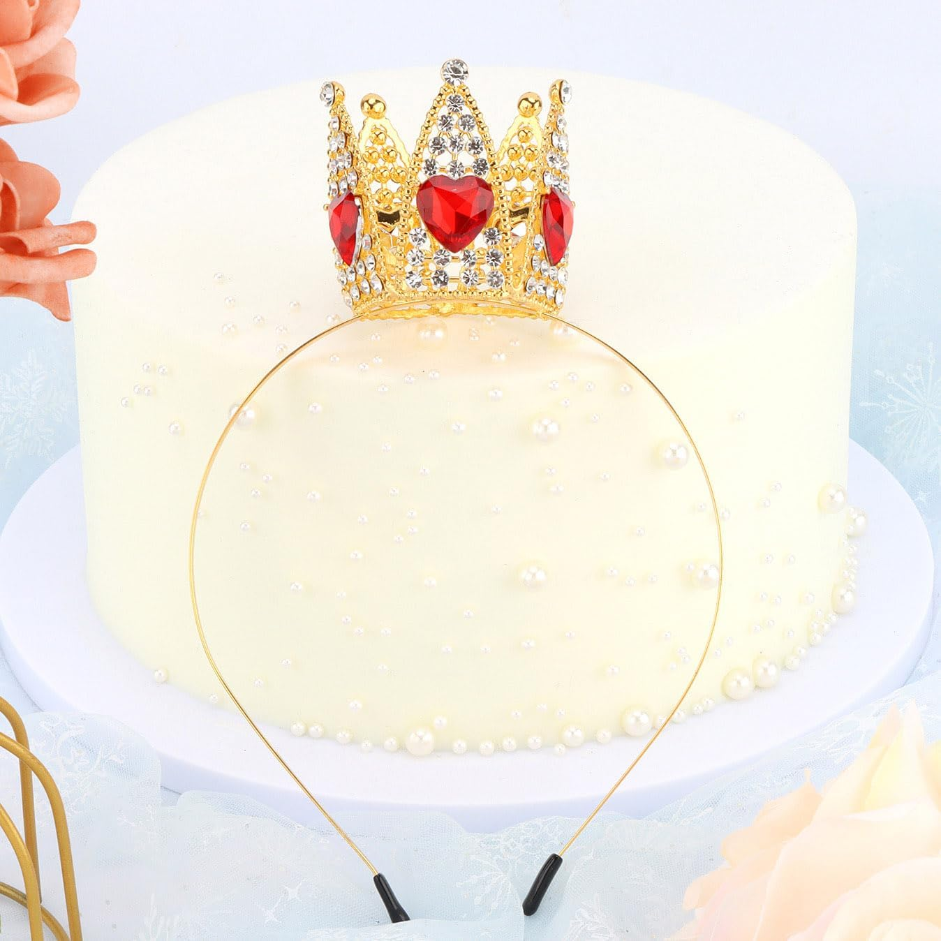 Tihebax Queen of Hearts Crown Headband for Women Girls - Gold and Red Peach Queen of Hearts Costume Accessories Princess Peach Crown Tiara for Halloween Cosplay Parties