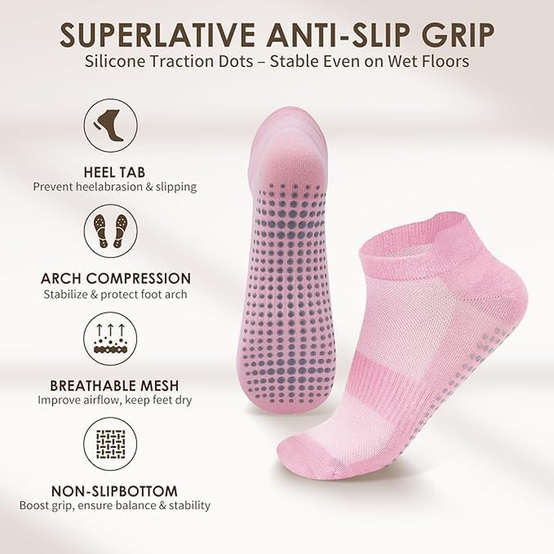 4 Pairs Pilates Socks Grip for Women Non-Slip Grippy Yoga Socks Ankle for Barre, Ballet, Barefoot Training & Workout Hospital Use image number 1
