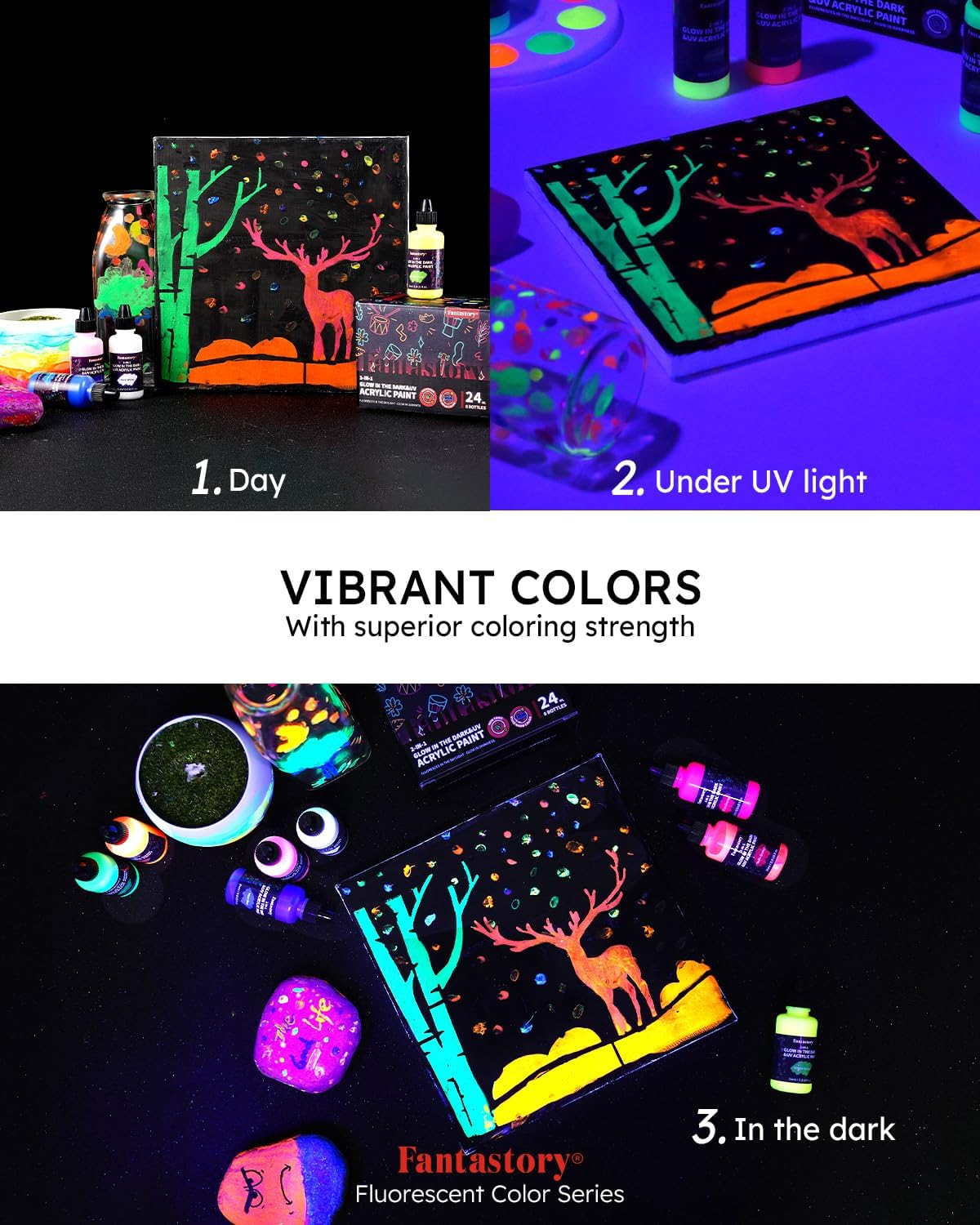 Fantastory Halloween Glow in the Dark Paint,0.8Ozx8,Neon Colors Glow Acrylic Paints,Waterproof Blacklight Paint for Outdoor Rock,Wood,Craft,Canva,Pumpkin,Holiday Decor,Adults[Fluorescentseries] image number 1
