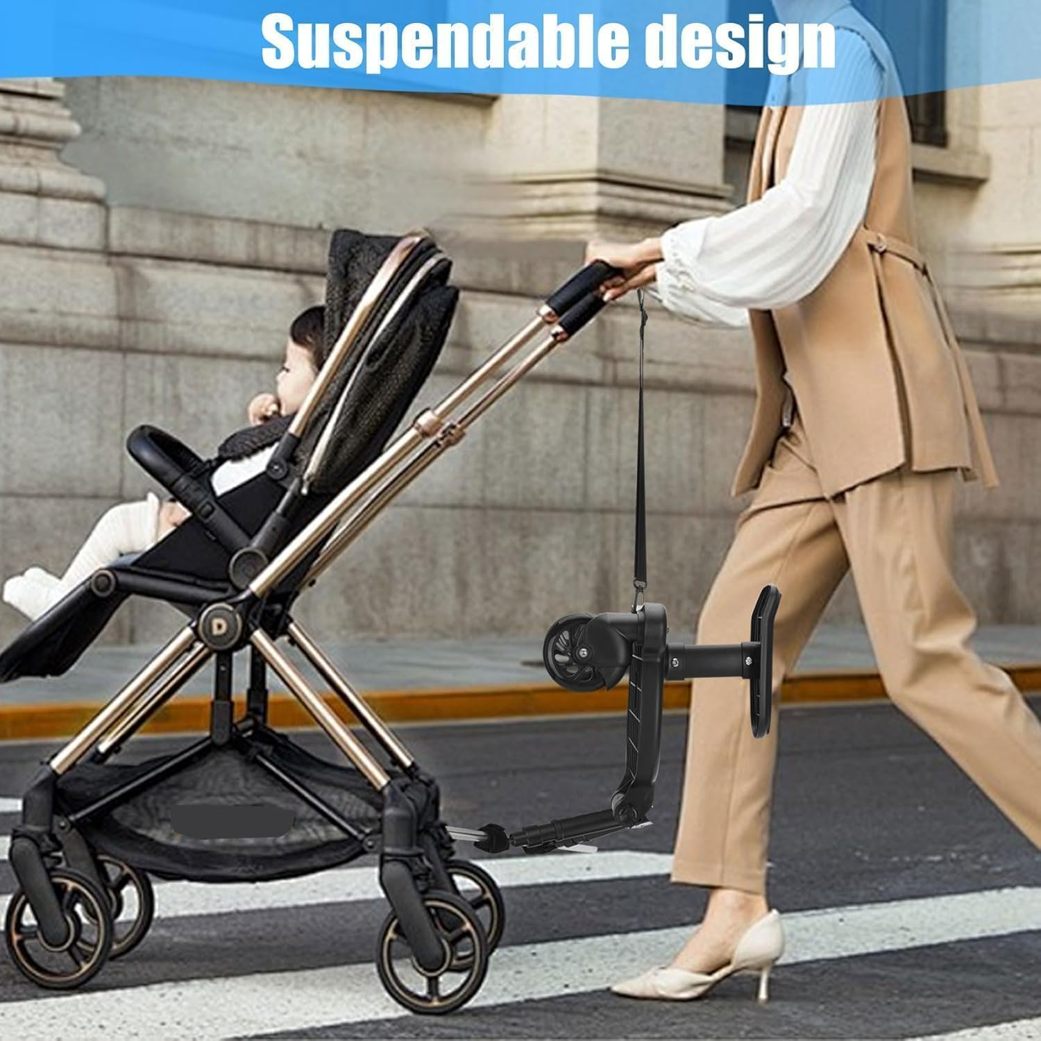 Universal Stroller Board Pedal, Kiddy Boards, 2 In1 Stroller Board with Seat, Stable Two Wheel Design, Adjustable Buggy Board, Holds Children up to 55 Lbs Stroller Standing Board image number 2