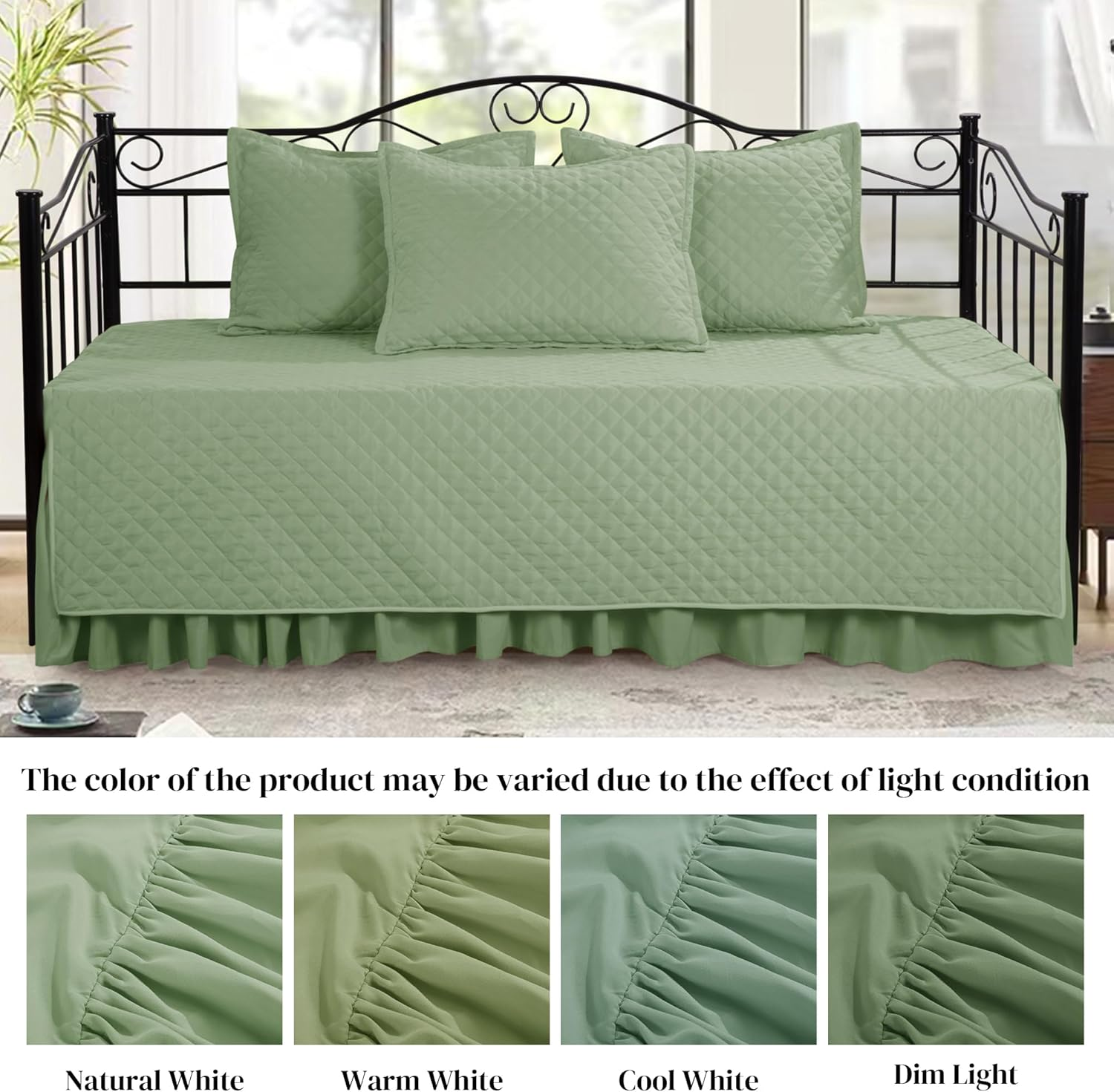 HOMBYS Daybed Cover Sets- Diamond Stitching Daybed Bedding Set, All Season Cozy Bedding with Bedskirt with Shams, Microfiber Filling, 5 Pieces, Sage Green image number 3