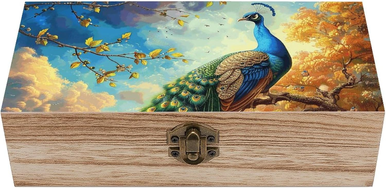 Peacock Wooden Box Wood Wedding Keepsake Boxes with Lids Small Decorative Boxes Lightweight Wooden Memory Storage Box for Crafts Keepsakes Jewelry Photo Letter Storage