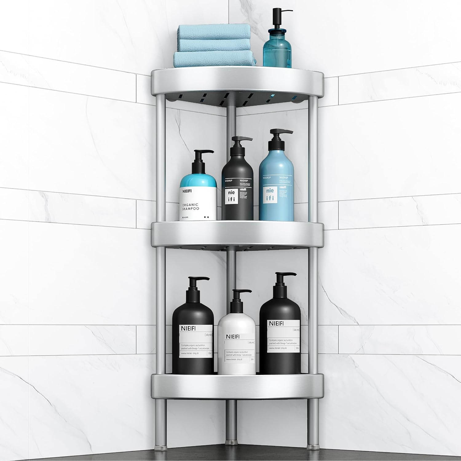 Nieifi Corner Shower Caddy Stand Rustproof Anodized Aluminum Standing Shower Organizer-Shower Caddy Corner-Dual Stability to Anti-Shaking-Height-Adjustable Legs for Uneven Surfaces (Black, 3-Tier)