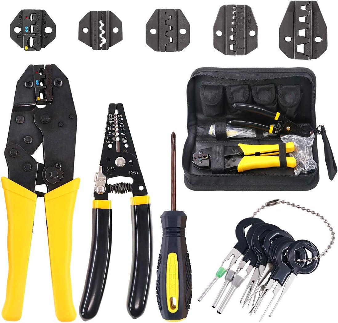 Hilitchi 4 Pcs Wire Crimping Tool Kit Terminal Ratchet Plier with 5 Interchangeable Dies, Wire Cutter/Stripper, Screwdriver, Terminal Removal Tool Key for Insulated Non-Insulated Terminals or Ferrules image number 5