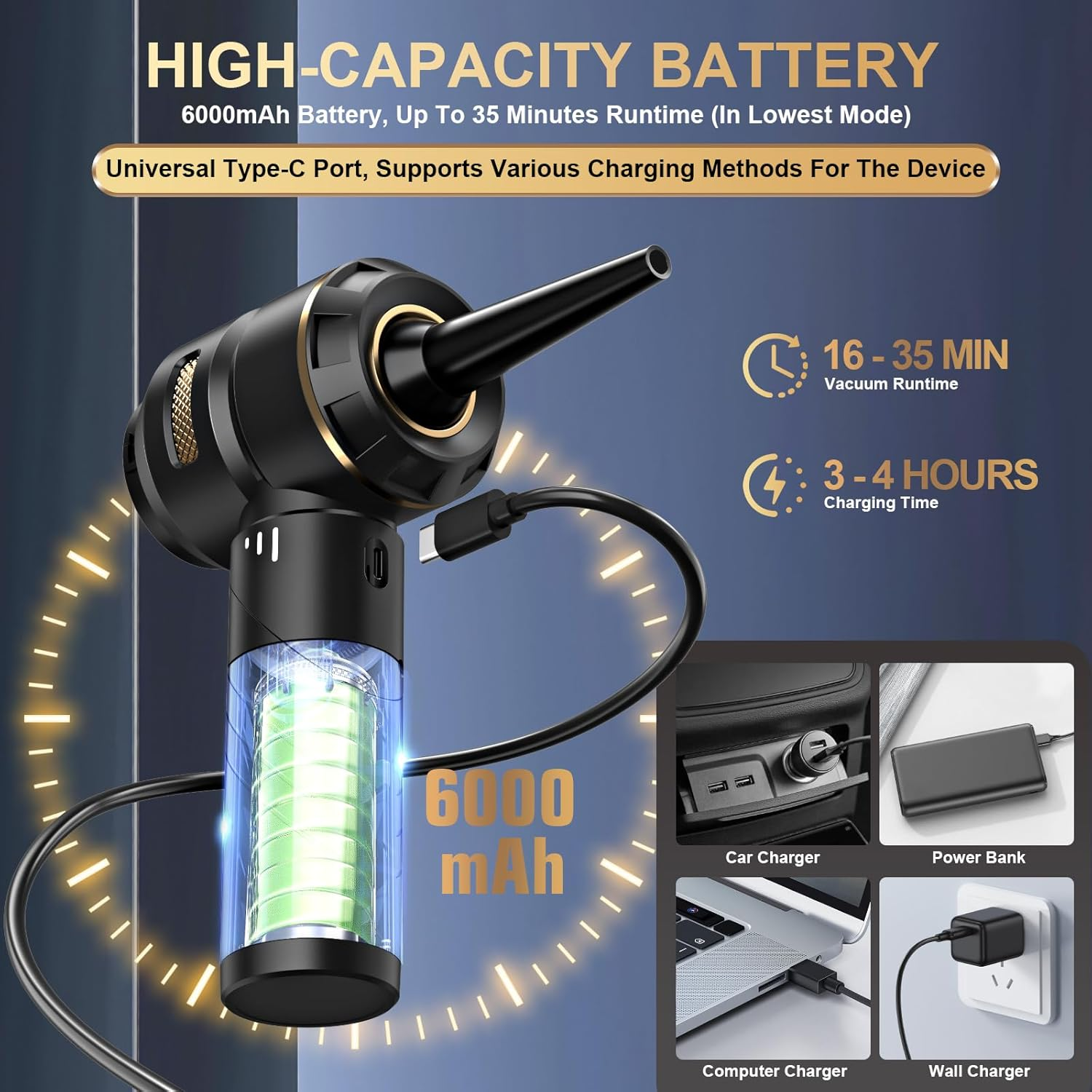 Car Vacuum Cleaner Cordless, Handheld Vacuum 25000PA High Power Suction, 4-In-1 Compressed Air Duster & Air Blower & Pump, Portable Vacuum Cleaner with 3 Gears for Home, Pet, Keyboard