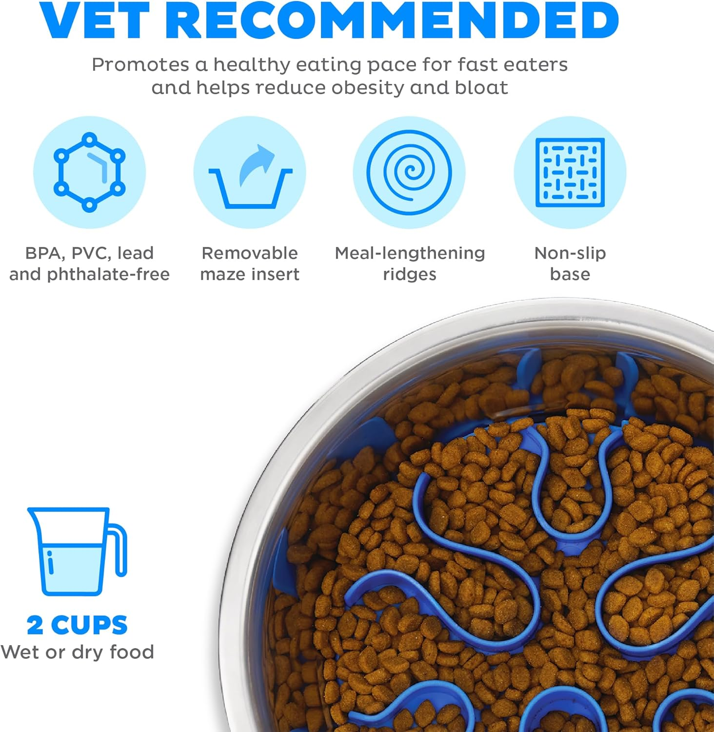 Outward Hound Fun Feeder Stainless Steel Slo Bowl Slow Feeder Dog Bowl with Removable Maze Insert, Medium, 2 Cups, Metal, Silver Gray