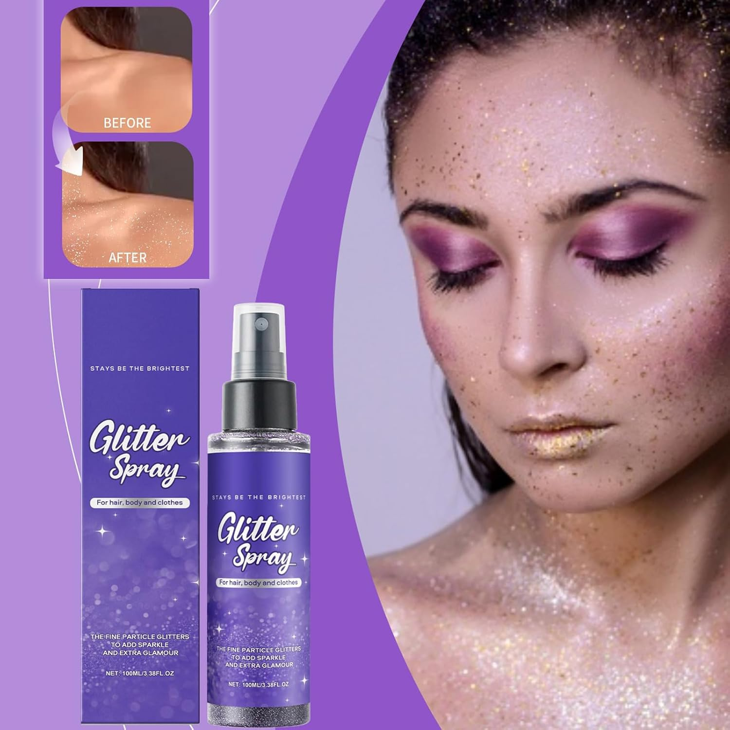 Body Glitter Spray,Clothes Face Shimmer Glitter Spray - Sparkling Hairspray Cosmetic Shimmer Versatile for Women Wife Daughter Parties Daily Use image number 4