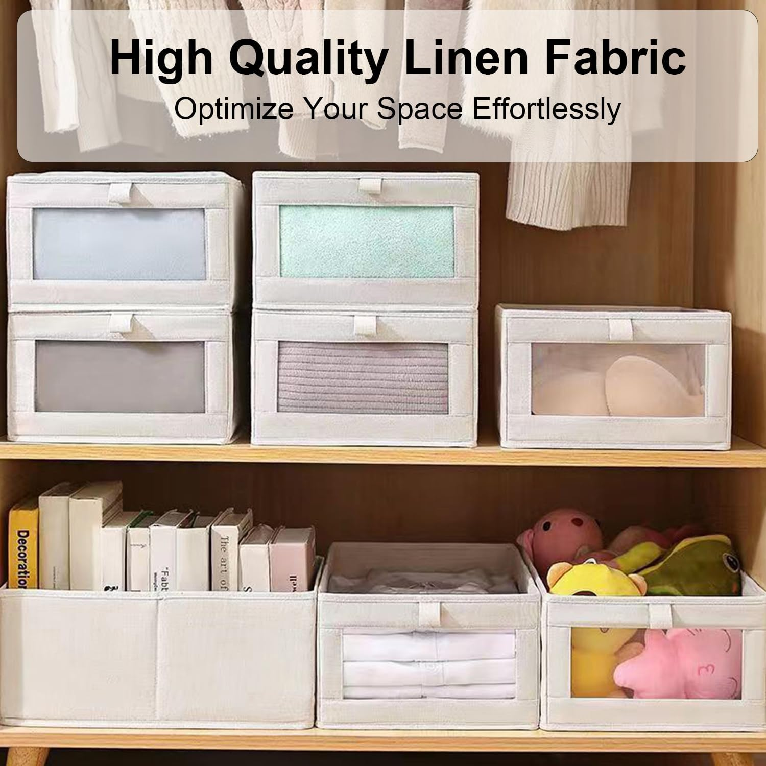 8 Pack Linen Closet Organizers & Storage Bins, Foldable Closet Baskets with Clear Windows, Perfect for Organizing Clothing, Jeans, Toys, Books, Shelves, Wardrobe, and More image number 4