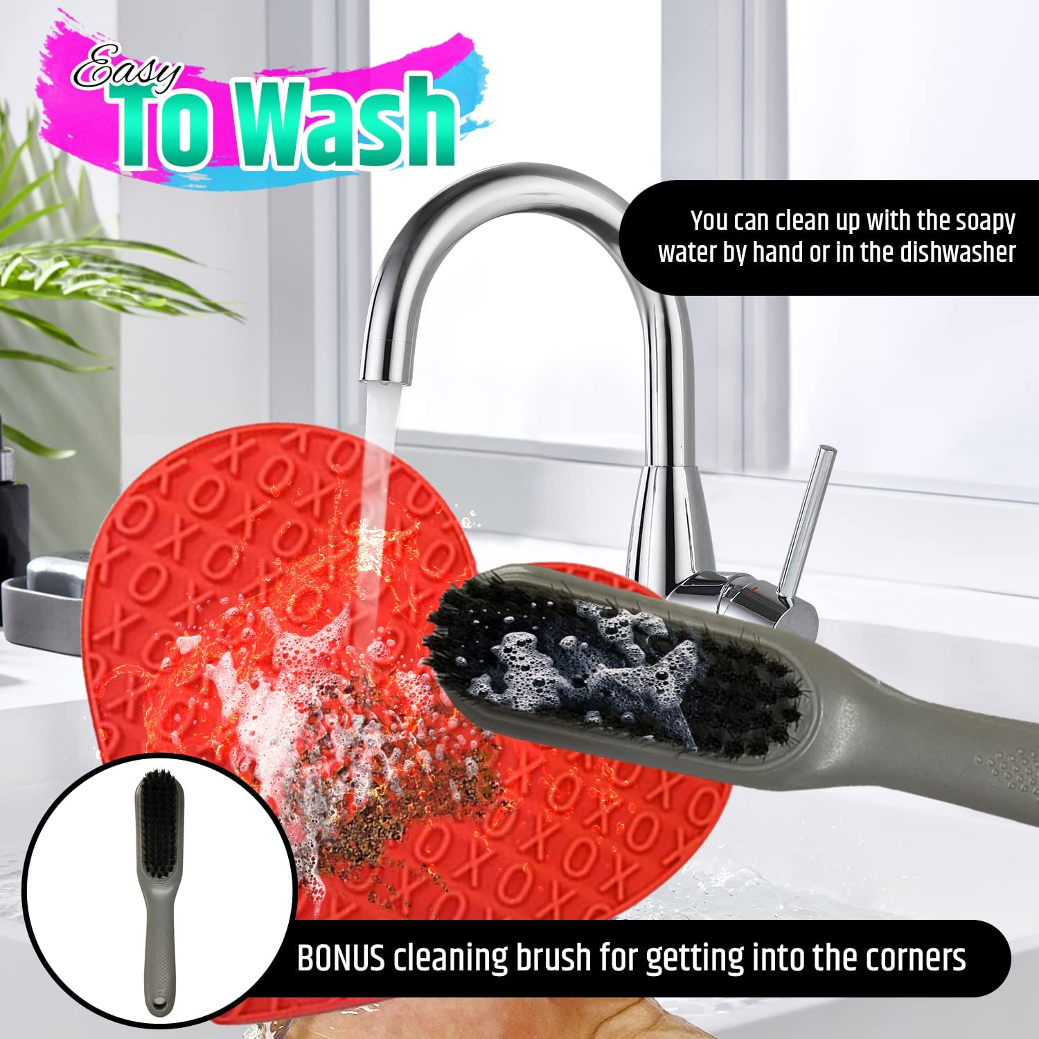 Love Lick Mat 2 Pack Combo - Slow Feeder - Love Heart & Paw Print - Suction Cups - Calms Anxious Pets - Kills Boredom - Dog Bath-Time Fun - Food Grade Silicone - BPA Free - Free Cleaning Brush Bonus image number 4