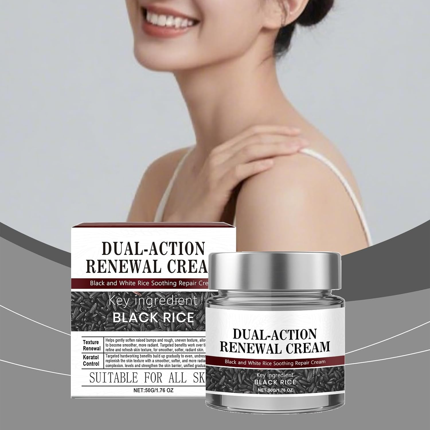 Dual-Action Renewal Cream - Black Rice & Rice Bran Moisturizer, Soothing Repair & Firming Body Cream, Advanced Hydrating Day Cream for Wrinkle & Fine Line, for All Skin Types (4) image number 3