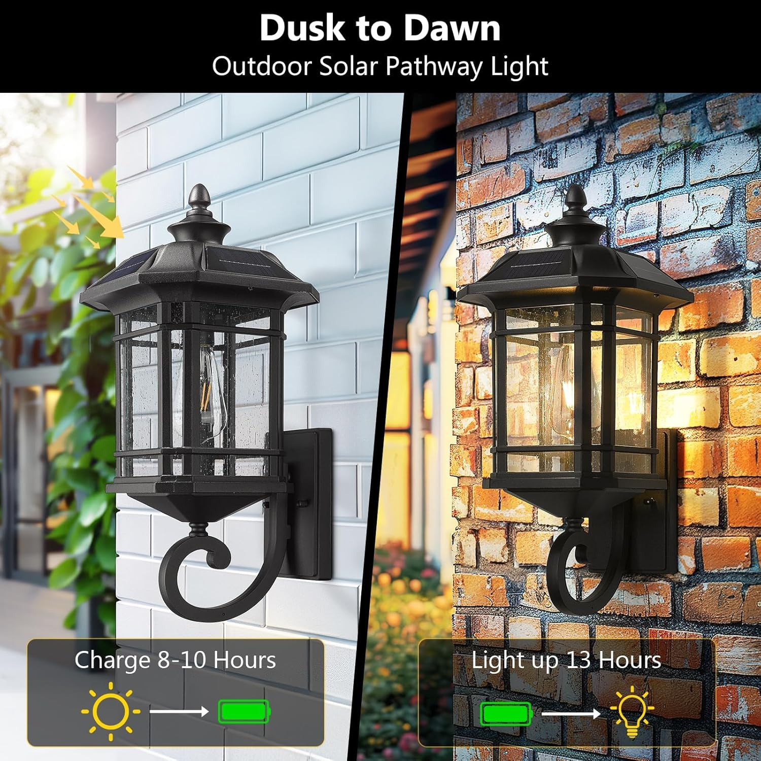 EMLIVIAR Solar LED Wall Light Outdoor,Dusk to Dawn Solar Porch Light with Remote Control, Black Finish with Seeded Glass, Bulb Included, 22021M-SL BK image number 2