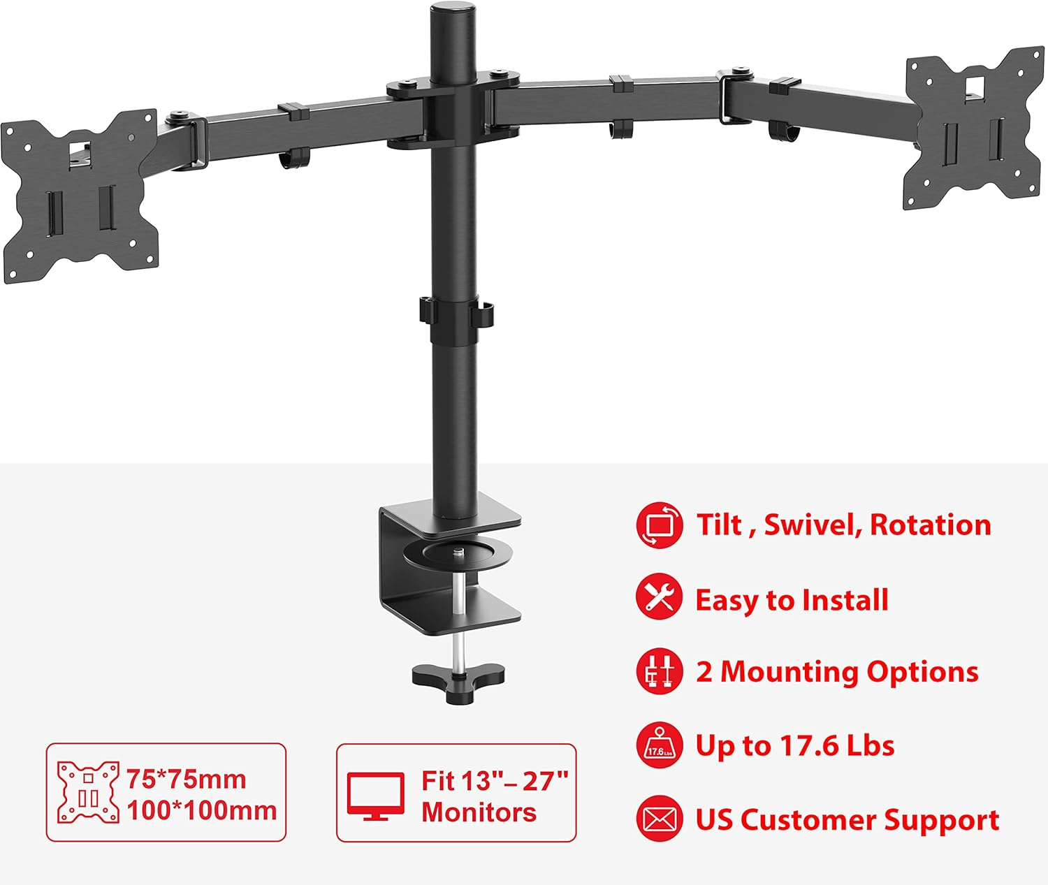 SHW Dual Monitor Arm Desk Mount with C-Clamp for 13 to 27'' Screen, VESA 75X75Mm or 100X100Mm, Black image number 2