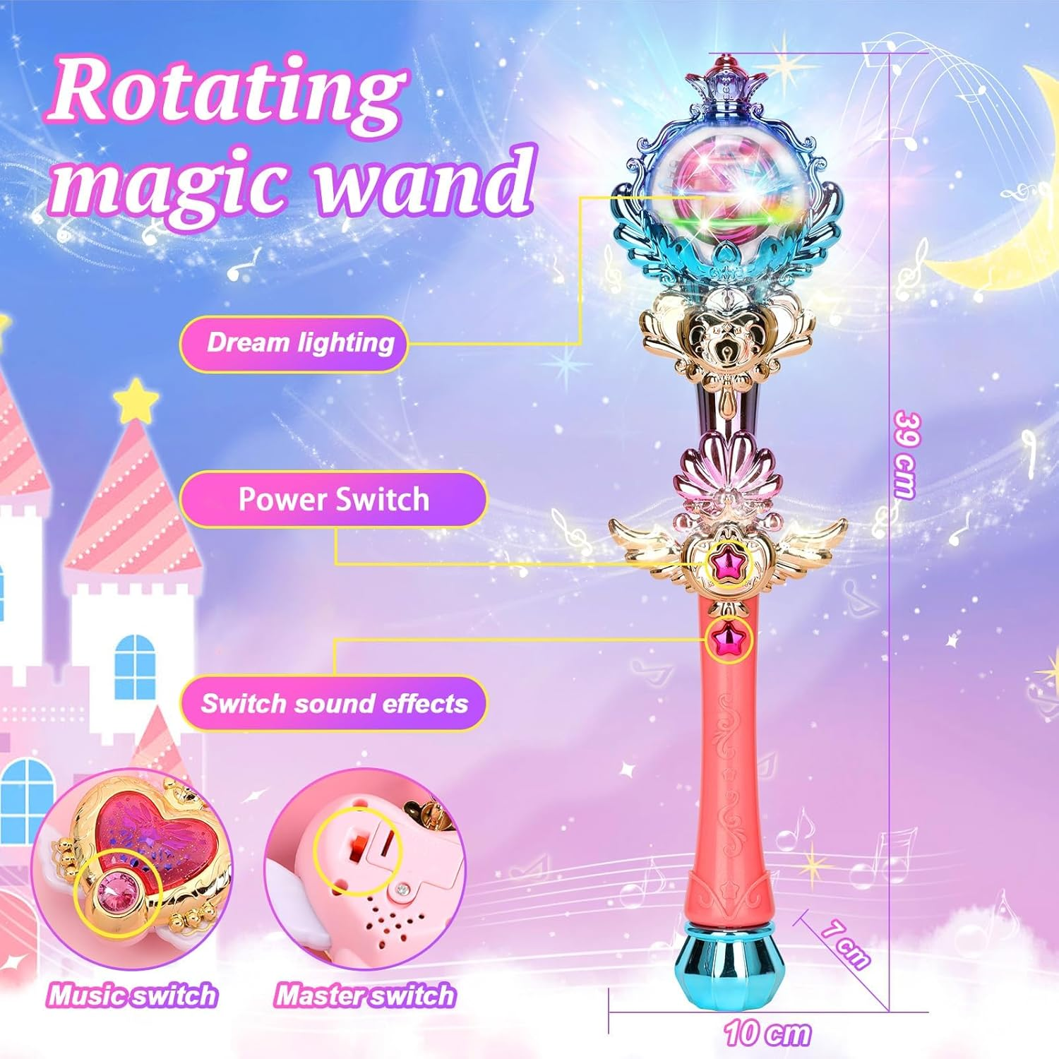 Skirfy Princess Toys Magic Wand for Girls, Fairy Wand with Spinning LED Light and Sound, Girl Halloween Birthday Party Favors for Kids Age 3 4 5 6 7 8 9 10 image number 1