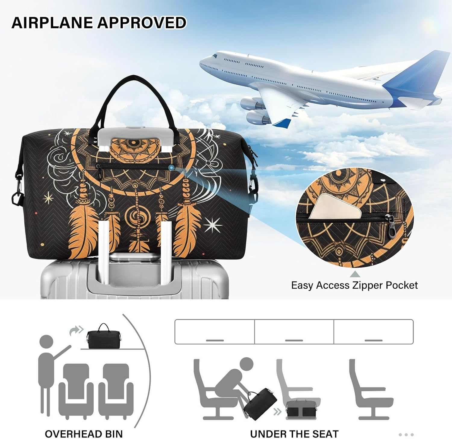 XYMZR Large Travel Duffel Bag, Orange Dreamcatcher Sports Tote Gym Bag, Shoulder Weekender Overnight Bag for Women Men, Carry on Luggage with Toiletry Bags, Multi-Colored, Multi-Colored image number 2