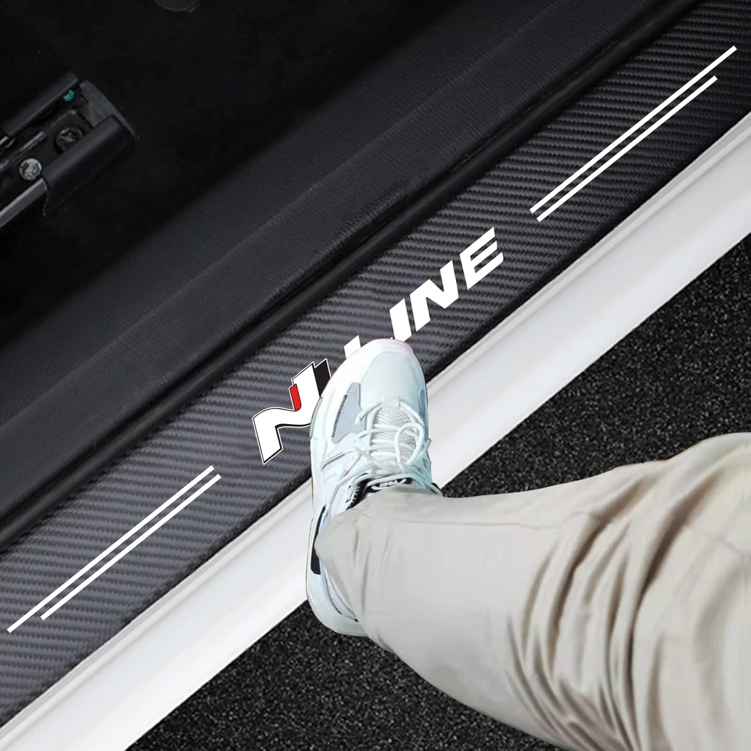 4Pcs N Line Decal Stickers Carbon Fiber Leather Car Door Sill Decoration Scuff Plate for Hyundai N Line Car (Please Pay Attention to the Size! Sticker Size: 23.6 * 2.75 Inches，15.7 * 2.75 Inches) image number 1