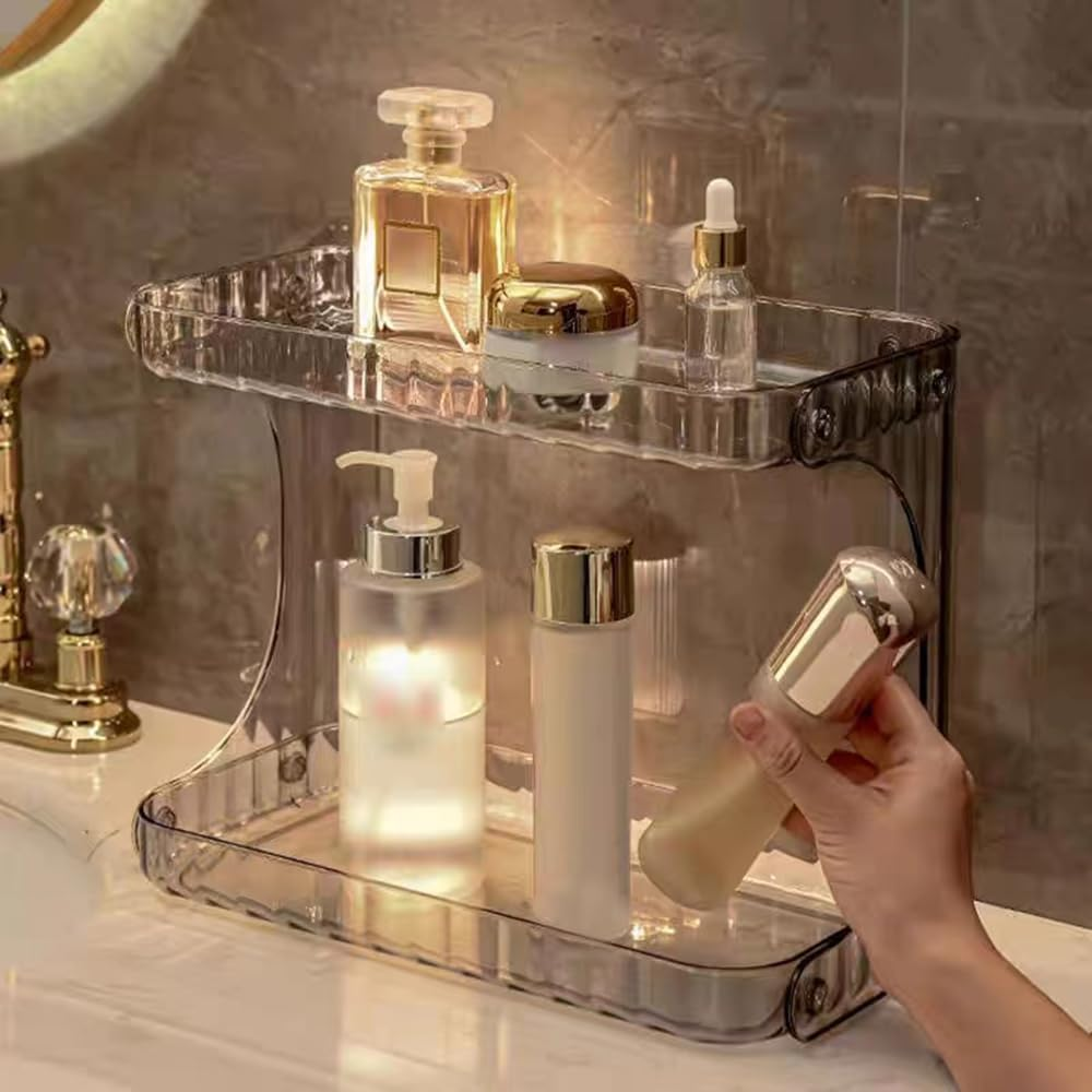 Hbluefat 2 Tier Bathroom Countertop Organizer, Clear Acrylic for Cosmetic Skincare Makeup Perfume, Vanity Dressing Table, Coffee Table Storage Rack Kitchen (Amber) - Amber image number 1