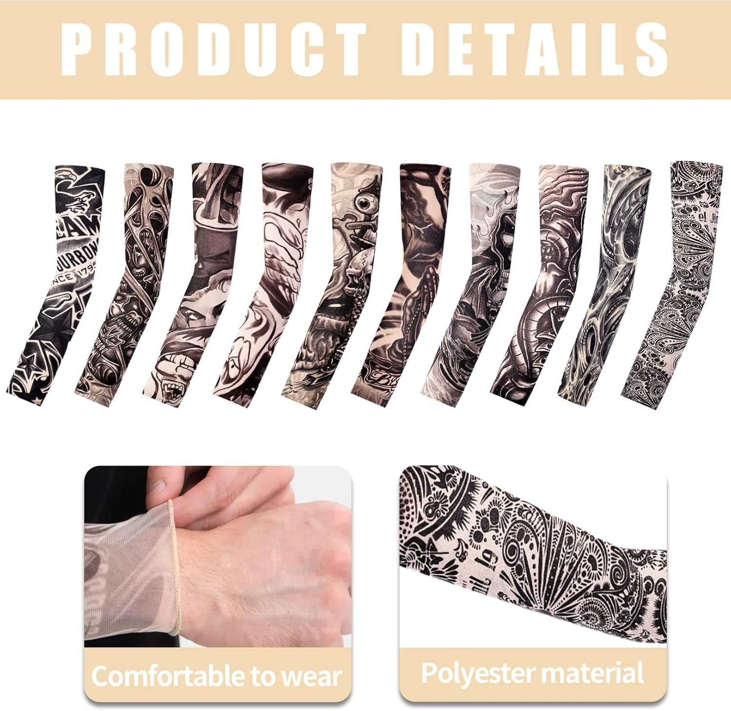 10 Pcs Fake Tattoos Sleeves for Men,Art Arm Fake Tattoo Sleeves Cover for Men/Women, Nylon Elastic Arm Temporary Tattoos Halloween Carnival Festivals Tattoo Hip Hop Accessories Sun Block Sleeves, image number 1