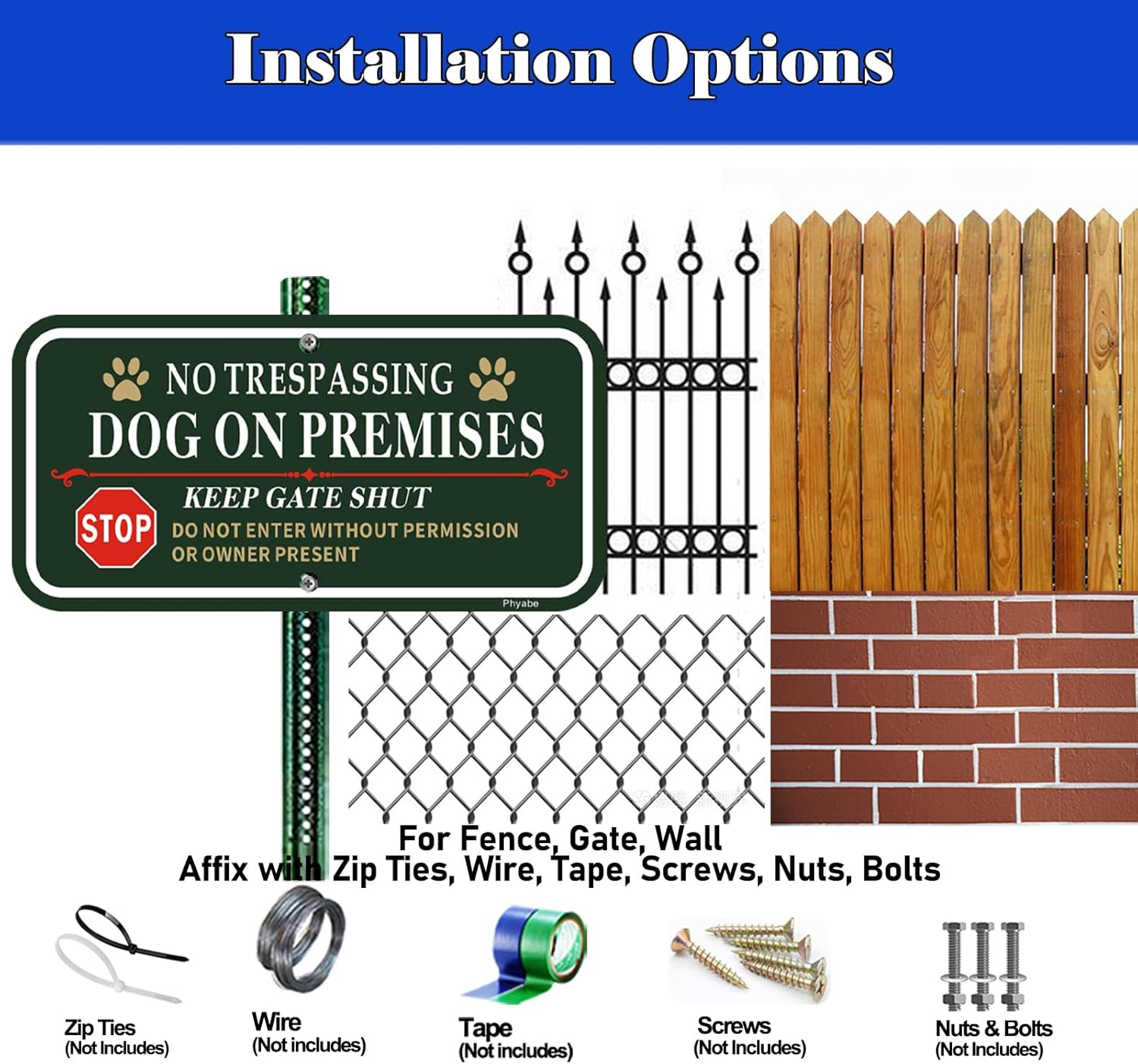 Phyabe 2 Pack No Trespassing Dog on Premises Keep Gate Shut Sign, 12 X 6 Inch Rust Free Aluminum Dog Sign, Weather Resistant, Waterproof, Durable Ink, Easy to Install image number 3