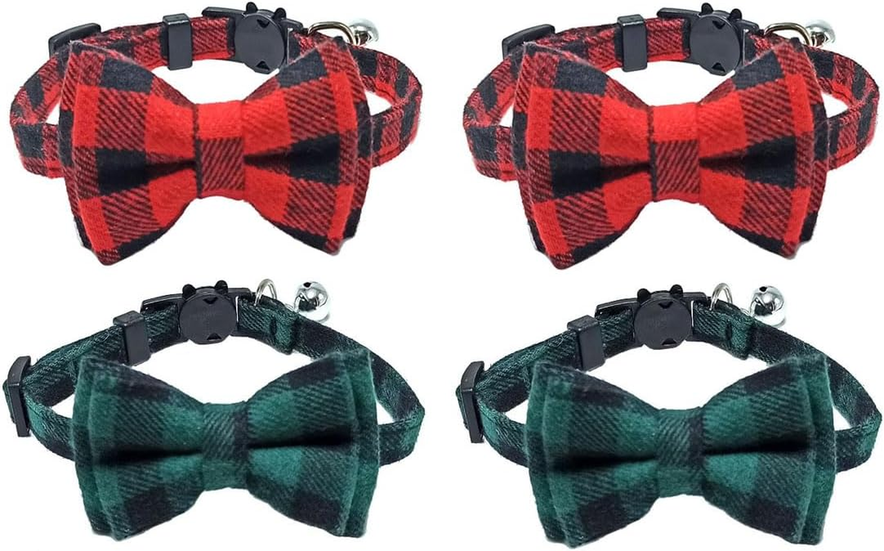 4PCS Breakaway Bowtie Pet Collar with Bell(2Red&2Green Plaid Style),Christmas Dog Collar with Bow, Christmas Plaid Dog Bow Tie, Adjustable Cotton Red Bowtie Dog and Cat Valentine'S Day Collars for Kitty, Puppy, Dogs,Small Pets image number 3