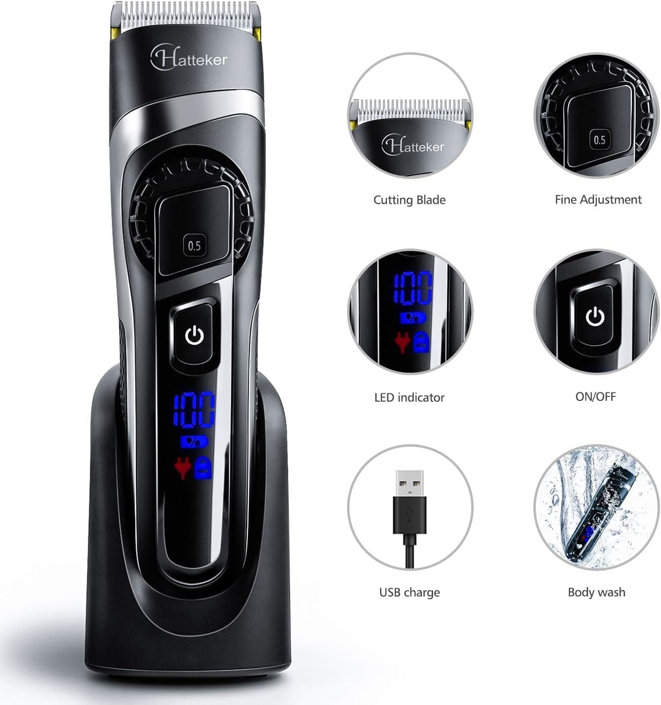 Hatteker Professional Hair Trimmer for Men - Beard & Long Hair Trimmer, Battery & Mains Operated, Waterproof 3 in 1 image number 3