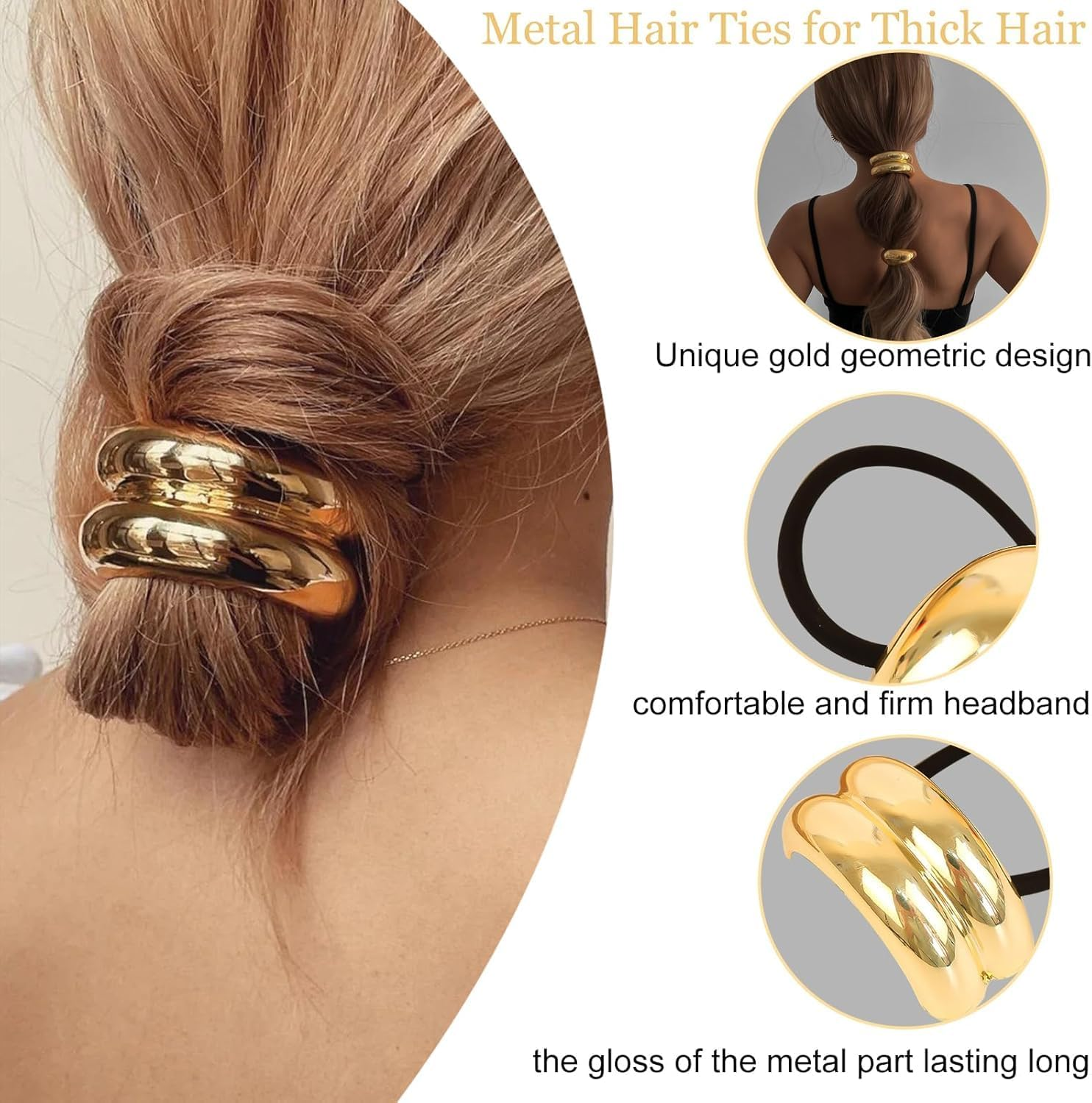 Gold Geometric Hair Ties, 4Pcs Metal Geometric Elastic Hair Ties Gold Hair Cuffs,Metal Hair Tie Ponytail Hair Cuff,Metal Geometric Elastic Hair Ties,Metal Geometric Elastic Hair Ties Gold Hair Cuffs image number 5