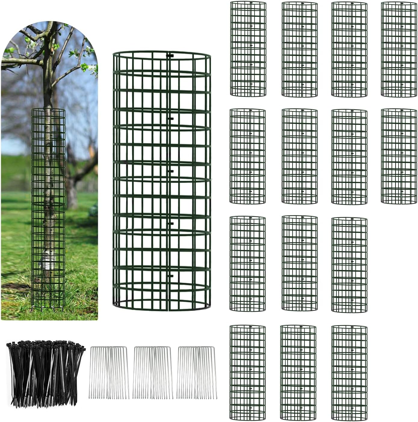 Tree Trunk Protector, 12 Pack Metal Mesh Tree Bark Protector 5'' Dia X 16-1/2'' H with Zip Ties & Stakes, Expandable Tree Guards Trunk Protector, Tree Protectors from Deer, Trimmers (12 Packs)