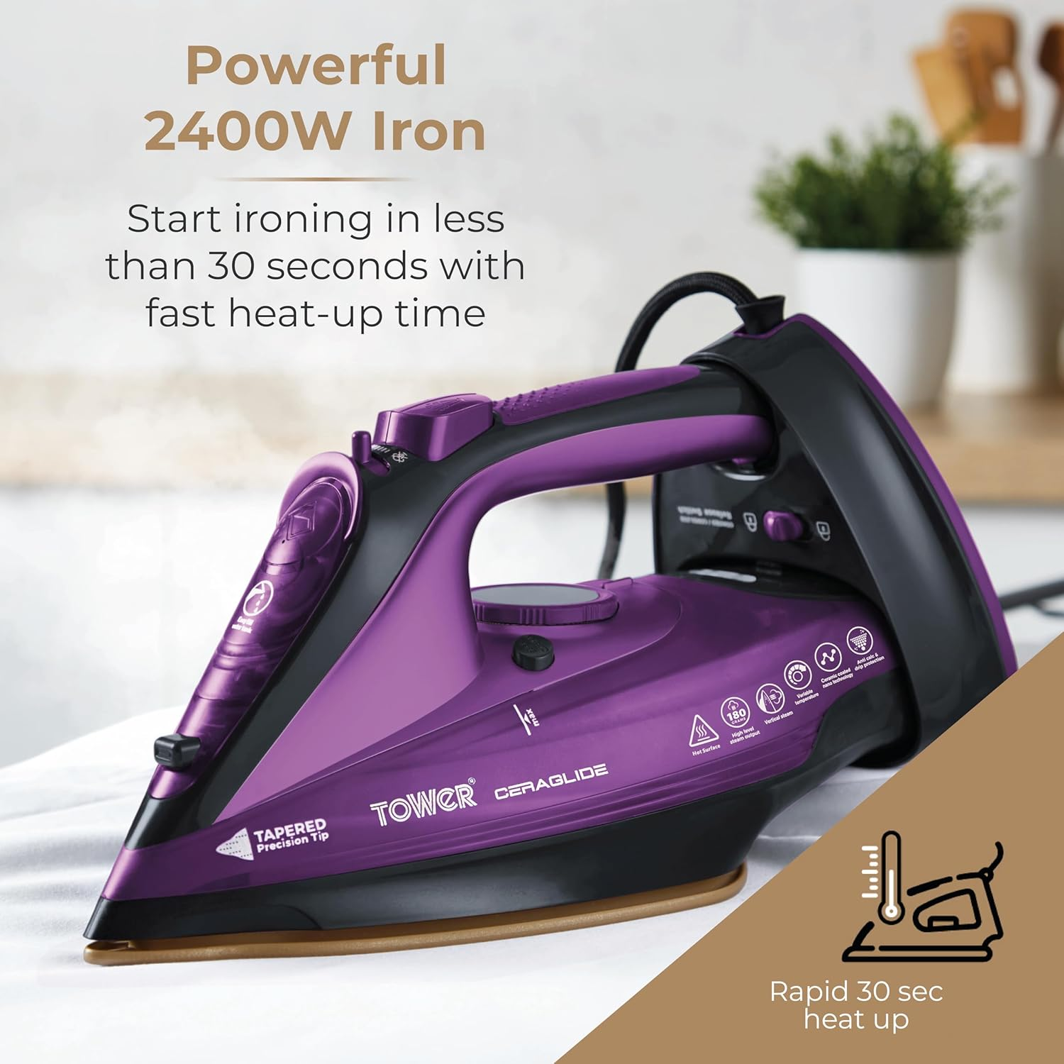 Tower T22008 Ceraglide 2-In-1 Cord or Cordless Steam Iron with Non-Stick Ceramic Soleplate, 160G Steam Boost, anti Drip, anti Scale, anti Calc and Self Cleaning Functions, 2400 W, Purple