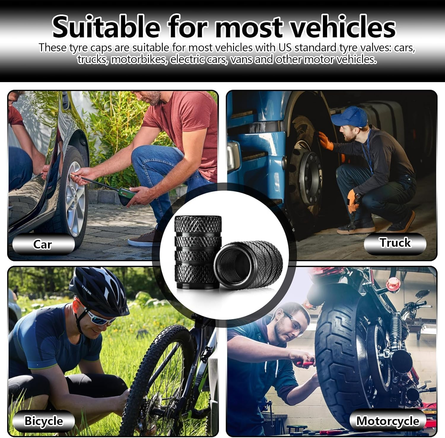 Valve Stem Caps, 8 Pcs Tire Valve Caps, Anodized Aluminum Valve Stem Caps for Cars, Bikes, Trucks, SUVS, Motorcycles (Color：Black) image number 5