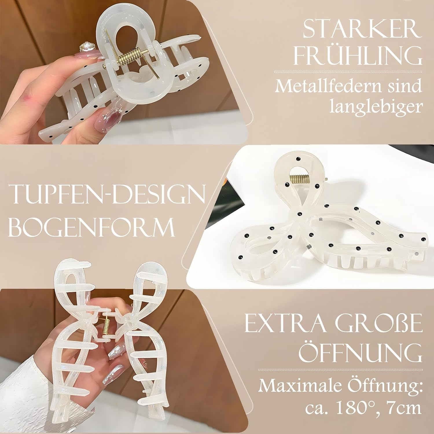 PUSCOBSY Hair Clips for Women Hair Clip Large for Thick Hair 11 Cm Hair Bow Hair Clips Non-Slip Strong Hold Hair Clip Wave Dot Black Beige image number 6