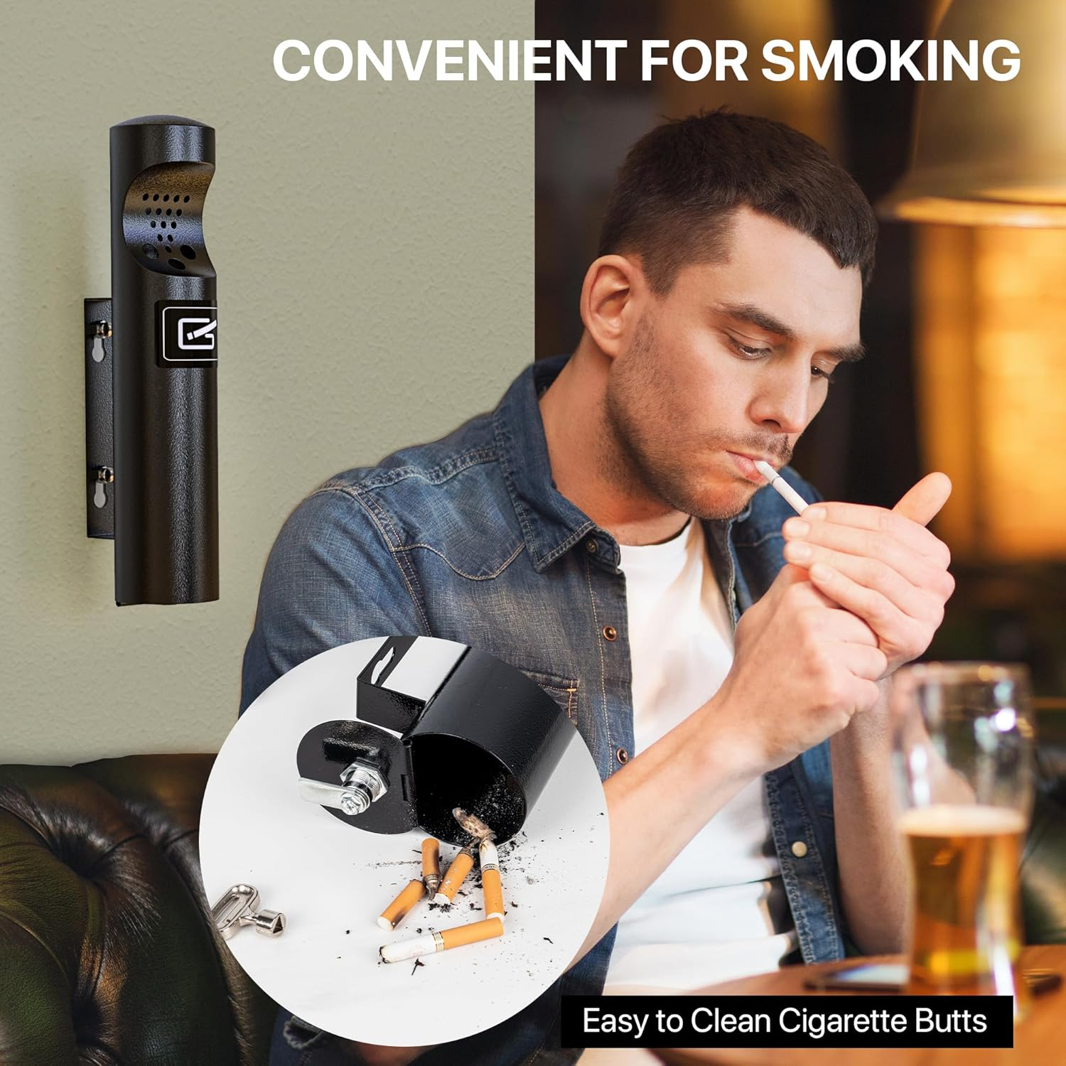 Outdoor Cigarette Ashtray, Wall Mounted Butt Receptacle, Commercial Disposal Container, Smokers Outpost for Patio - Stainless Steel - Black image number 4