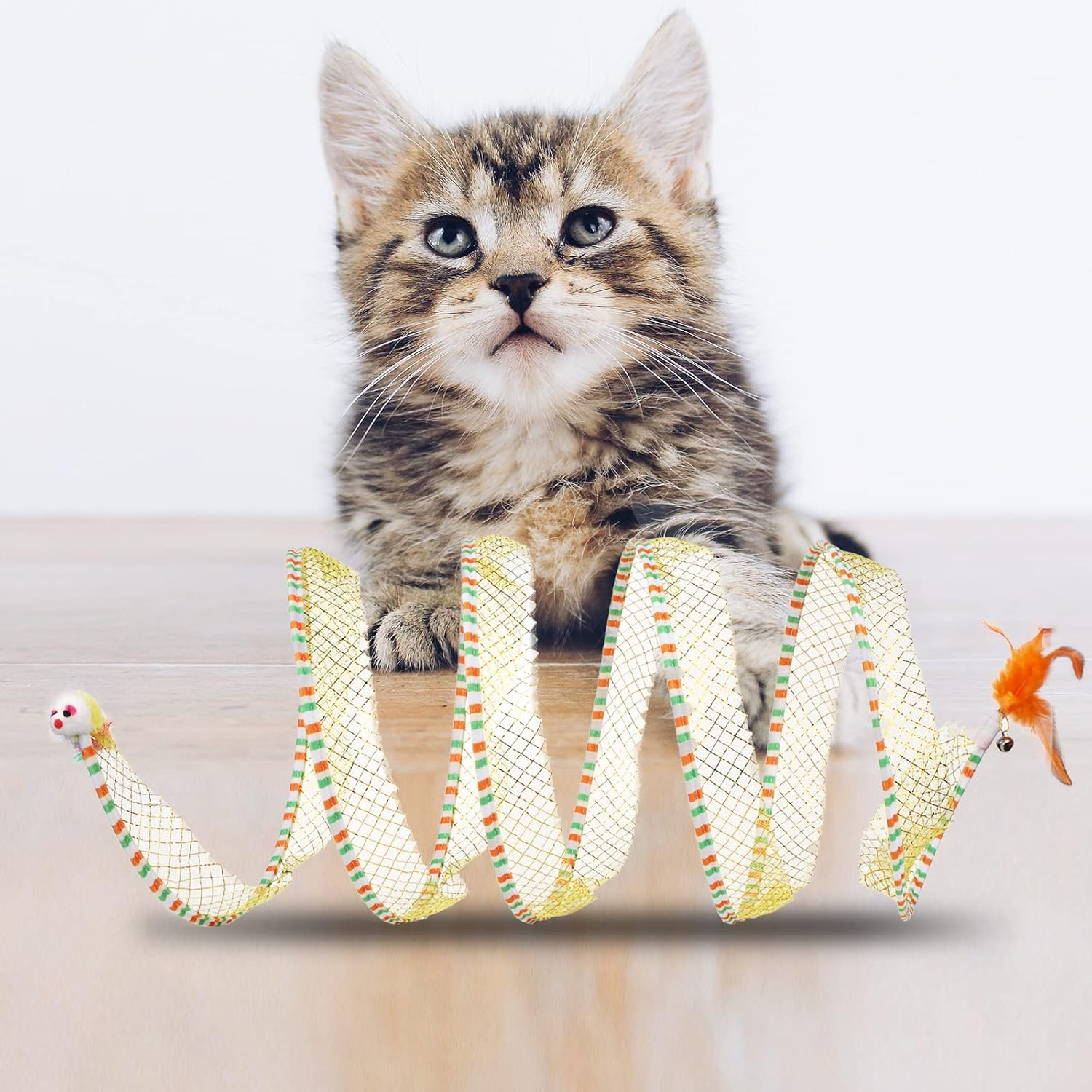 2Pcs, Folded Cat Tunnel Spring, 10In Large Size Portable Cat Toy Spiral Tunnel, with Synthetic Feather and Toy Mouse Tunnel Spring Outdoor Puppy Kitten Generic (Striped Yellow, Purple) image number 3