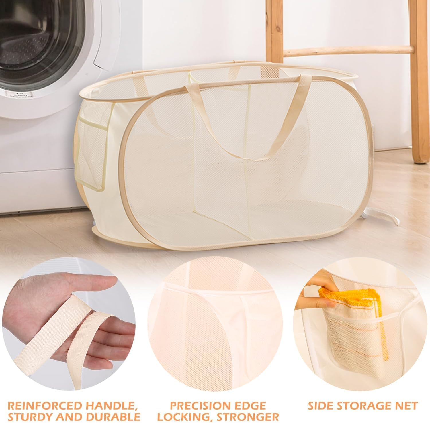 Yharnamite Collapsible Laundry Baskets, Pop up Laundry Hamper, Collapsible Mesh Dirty Clothes Hamper, Clothes Storage Basket with 2 Compartments and Side Pockets for Store Clothes Sundries(Beige-A) image number 4