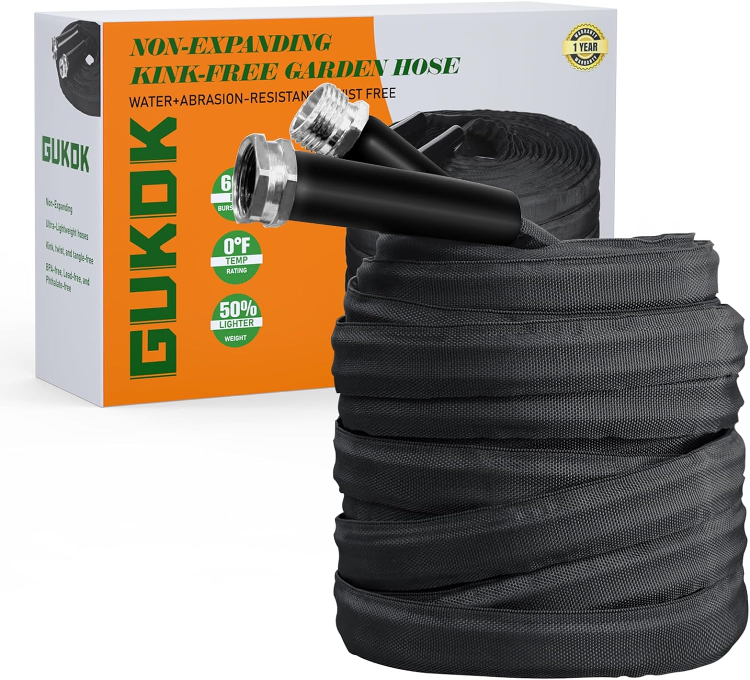 GUKOK Non-Expanding Garden Hose, Ultra Lightweight, Abrasion Resistant, Flexible, Durable, Kink-Free Garden Hose, RV, Marine and Camper Hose, 50-Feet