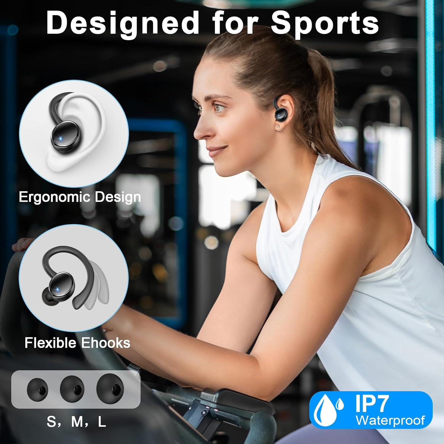 Wireless Sports Headphones, Bluetooth 5.4 Hifi Stereo Headphones with 4 HD Mic 50H Wireless Bluetooth Headphones Noise Cancelling ENC IP7 Waterproof Running LED Display image number 1