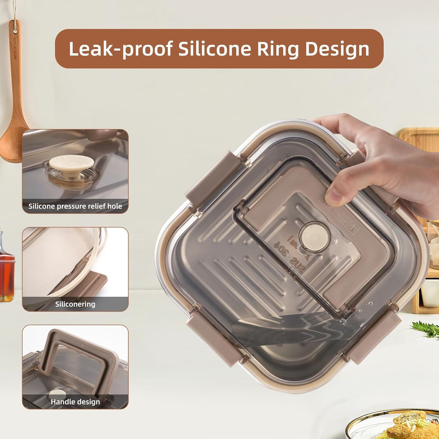 Food Storage Containers Outdoor 316 Stainless Steel Crisper Box Refrigerator Freezer Storage Box Fruit Seal Box Microwave Oven Heat-Resistant (2200ML) image number 3