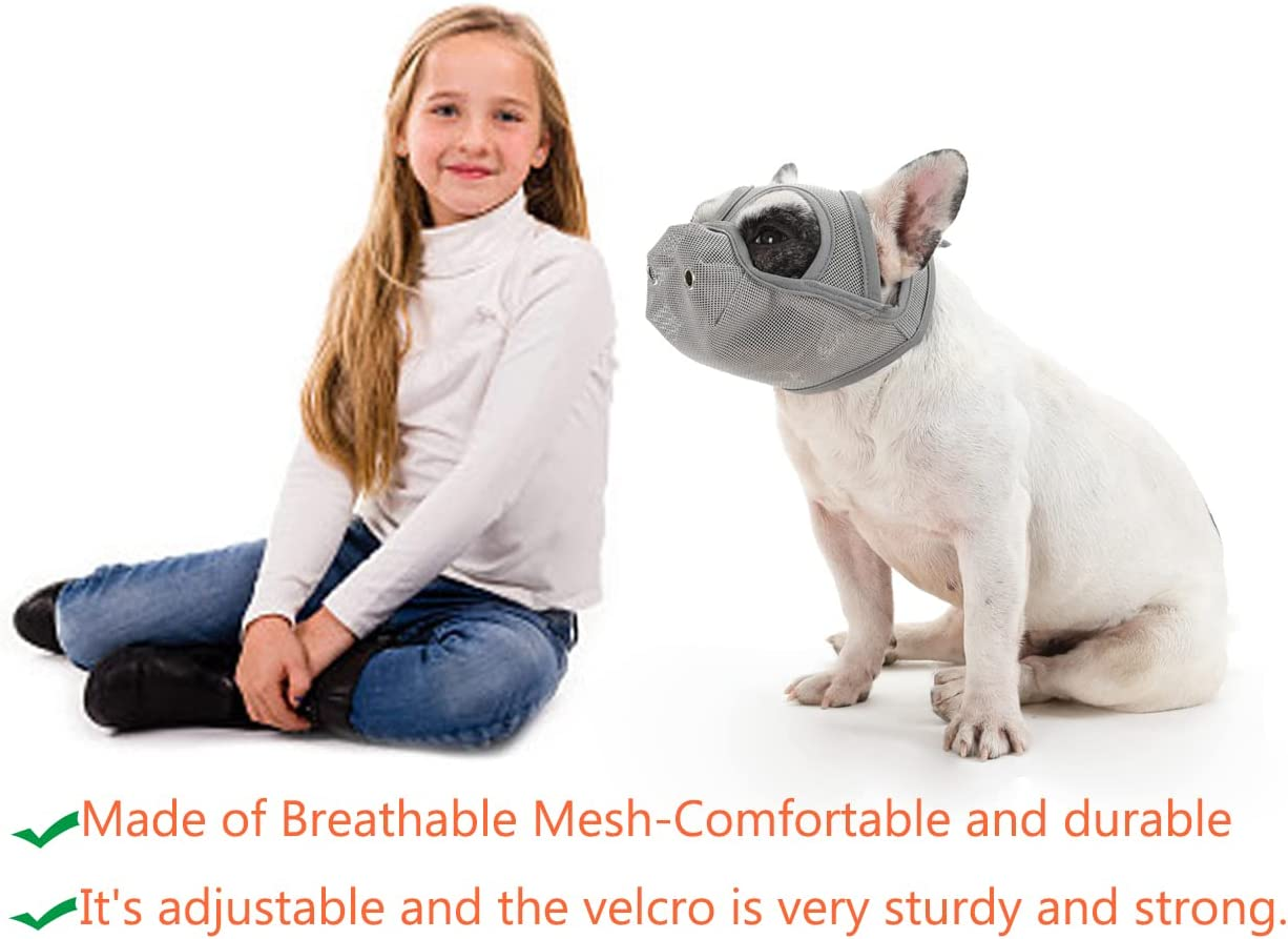 Short Snout Dog Muzzle - Adjustable Breathable Mesh for Bulldogs, Anti-Biting and Training, Can Stick Out Tongue and Drink Water (S 15.3"-16.1", Grey)