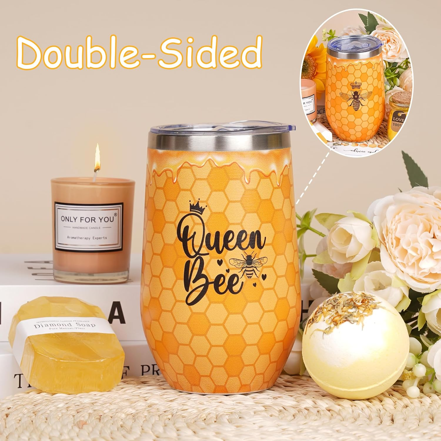 Bee Birthday Gifts for Women - Bee Lover Gift for Happy Bee Day Relaxing Spa Tumbler Bath Bomb Sentend Candle, Yellow Gift Box for Volunteers Employee Mom Friends Sister Best Friend Teacher Wife