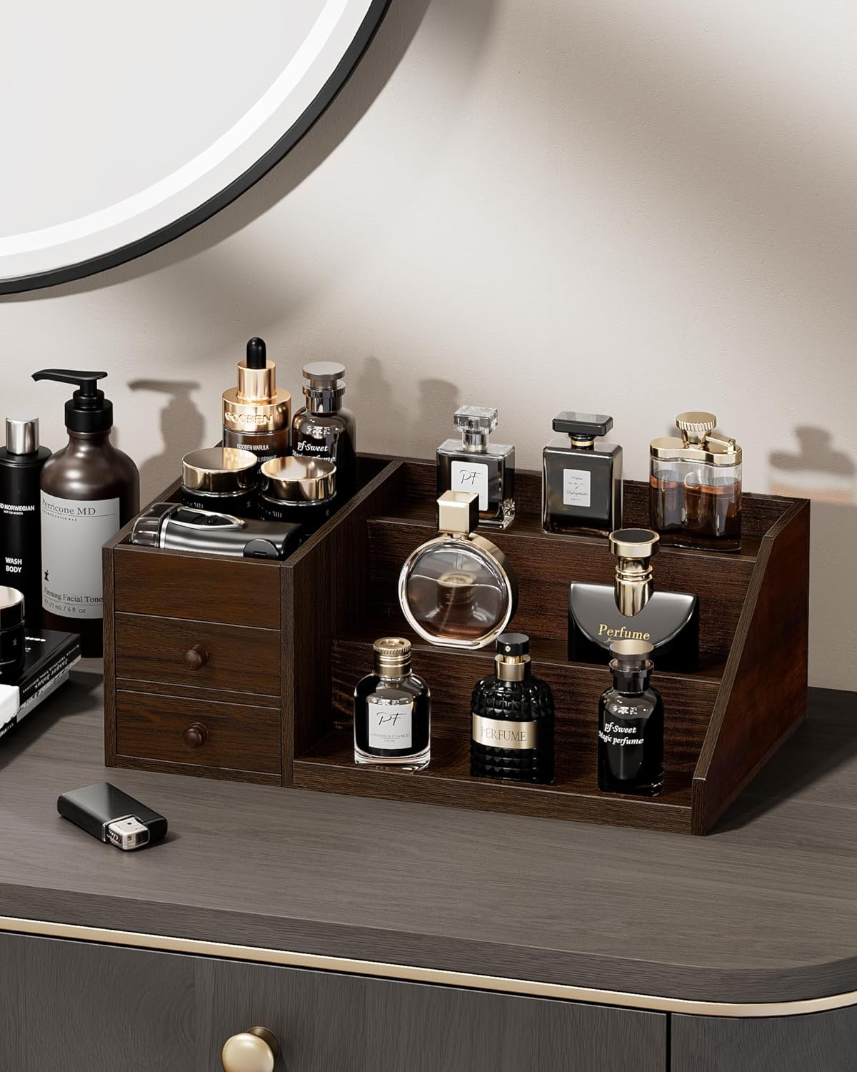 Procase Wood Men&rsquo;S Cologne Organizer with Drawers, 3 Tiers Perfume Elevated Storage Display Shelf Stand Countertop Riser for Cologne Skin Care Hidden Compartment for Father Men -Brown - Black image number 7