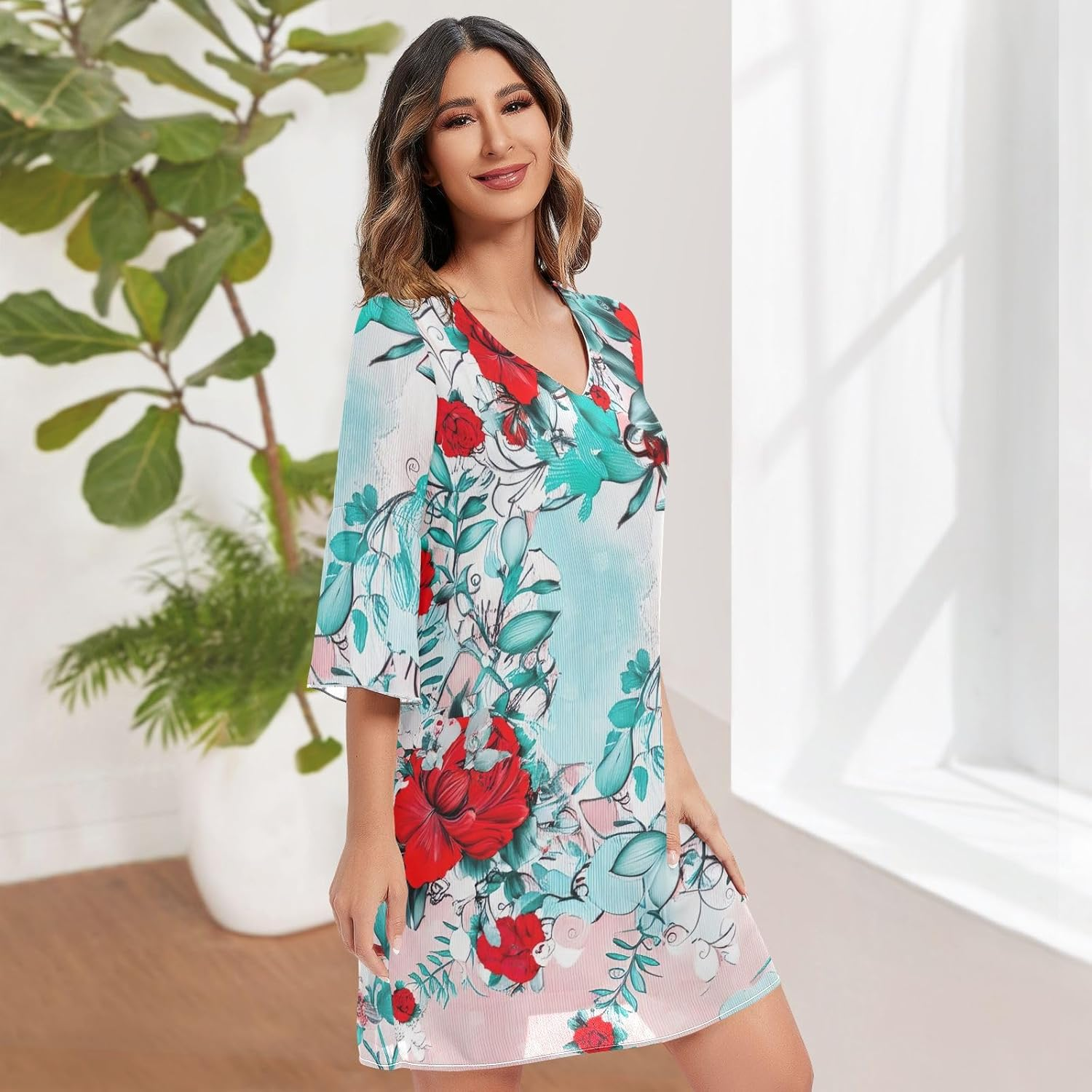 Floral Red Flowers Casual Chiffon Dress Printed Line Maternity Dress S-XXL image number 2